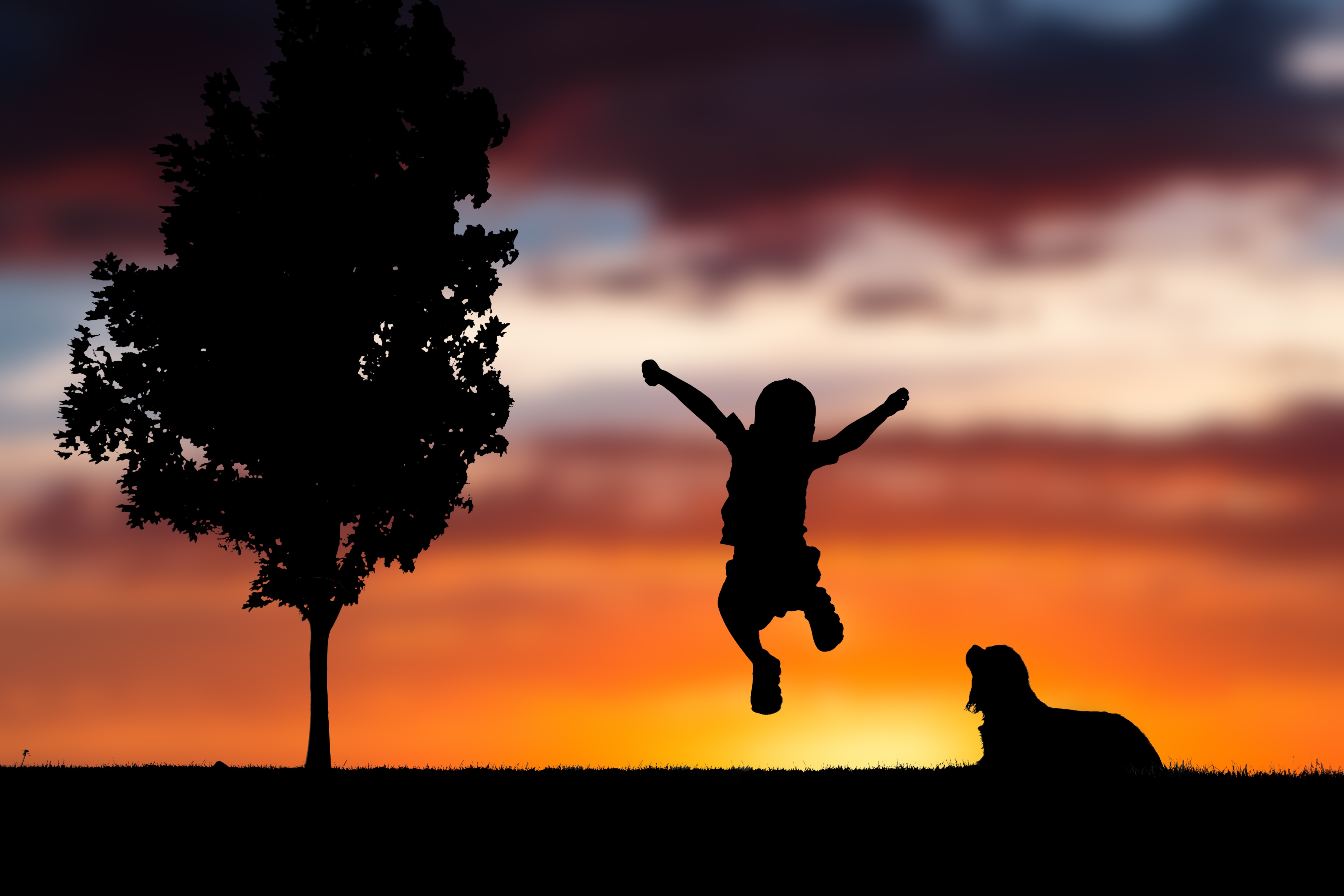 Скачать обои бесплатно Прыжок, Закат, Силуэт, Ребенок, Собака, Темные, Счастье картинка на рабочий стол ПК