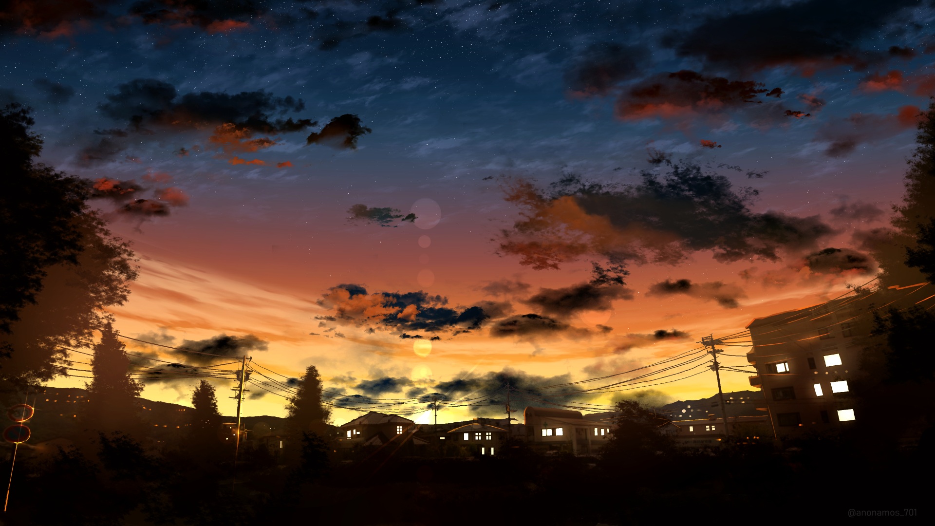 Laden Sie das Sonnenuntergang, Animes, Großstadt, Sternenklarer Himmel-Bild kostenlos auf Ihren PC-Desktop herunter