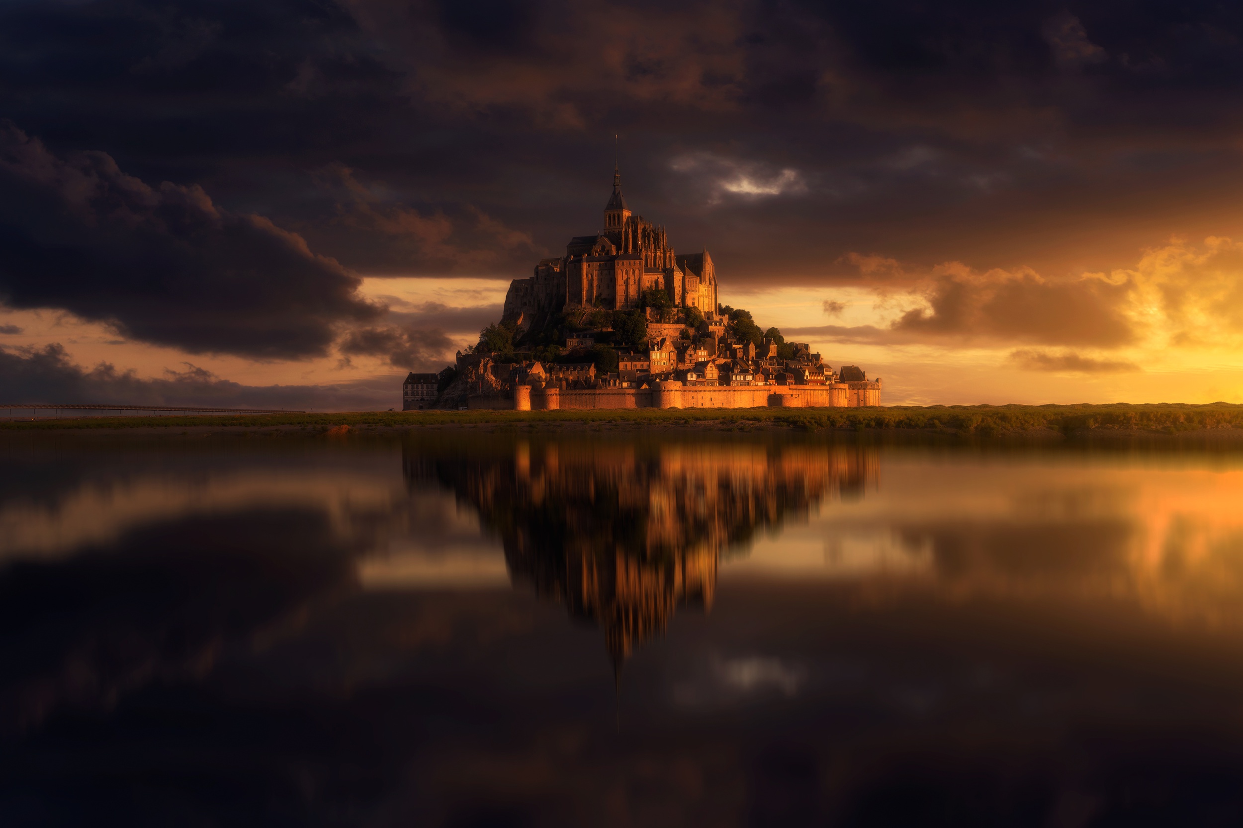 Download mobile wallpaper Reflection, France, Mont Saint Michel, Monastery, Religious for free.
