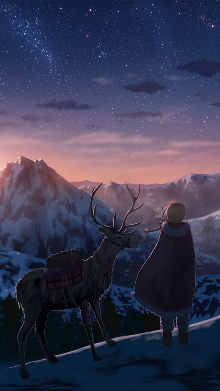 Download mobile wallpaper Anime, Landscape, Winter, Sunset, Mountain, Deer, Original for free.
