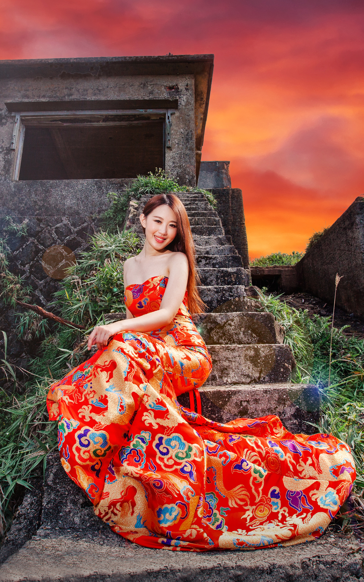 Download mobile wallpaper Sunset, Dress, Ruin, Model, Women, Asian for free.
