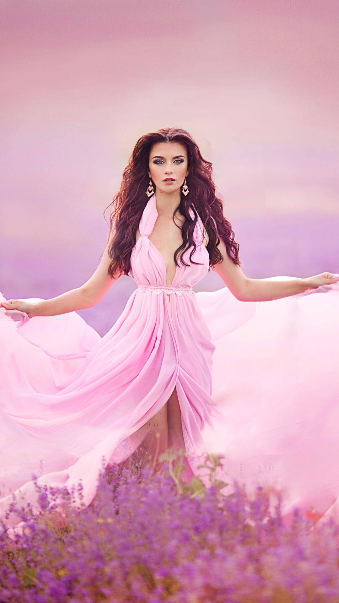 Download mobile wallpaper Brunette, Lavender, Model, Women, Earrings, Pink Dress for free.
