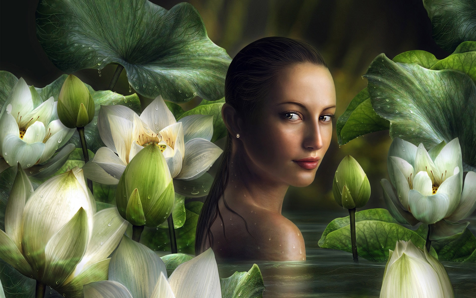Free download wallpaper Fantasy, Lotus, Flower, Pond, Women on your PC desktop