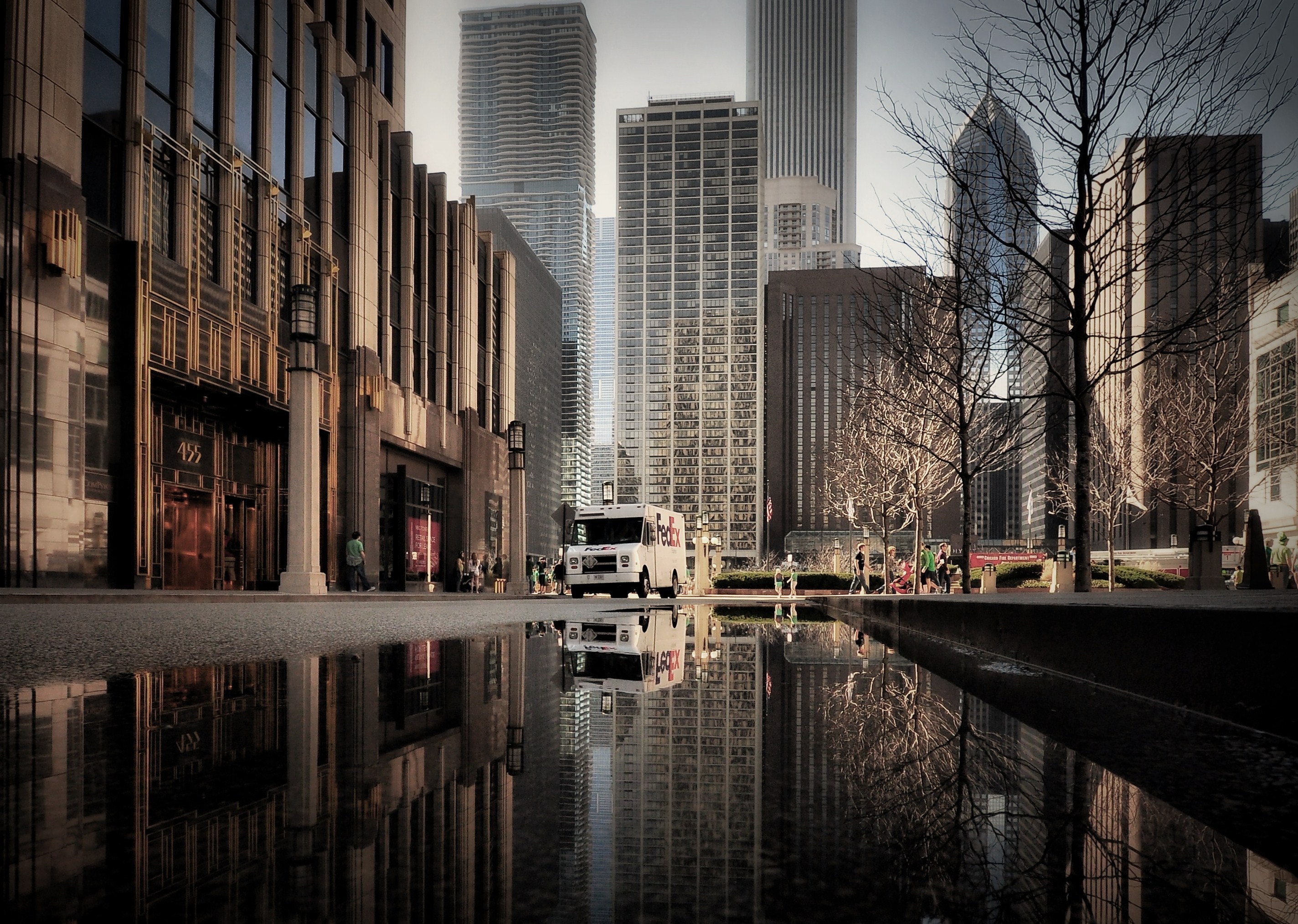 cities, chicago, puddles, bus, illinois