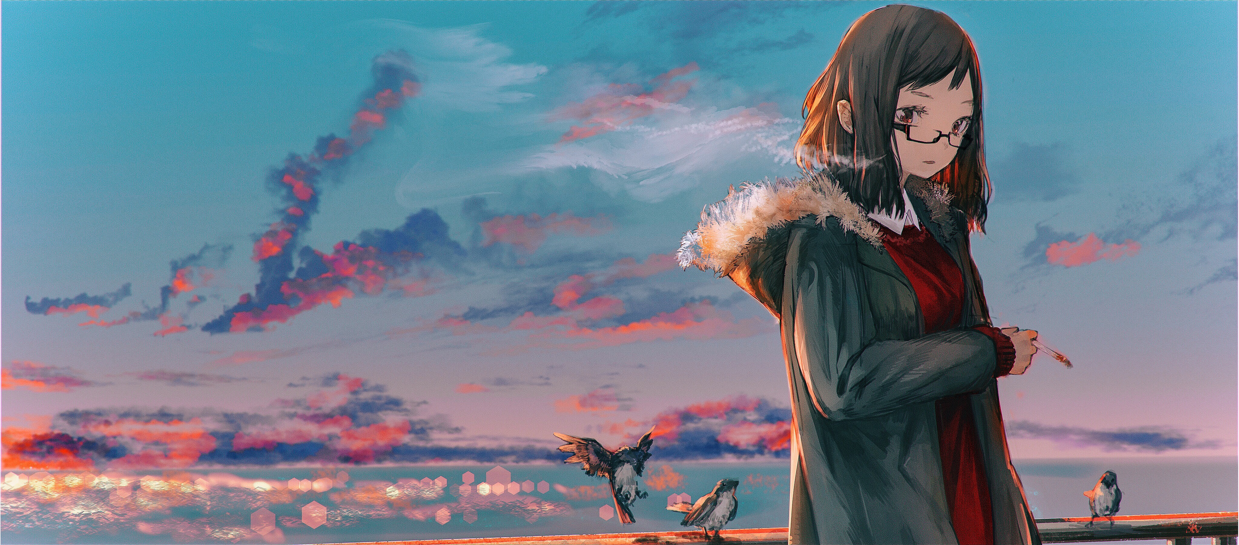 Free download wallpaper Anime, Sunset, Sea, Bird, Original, Cigarette on your PC desktop