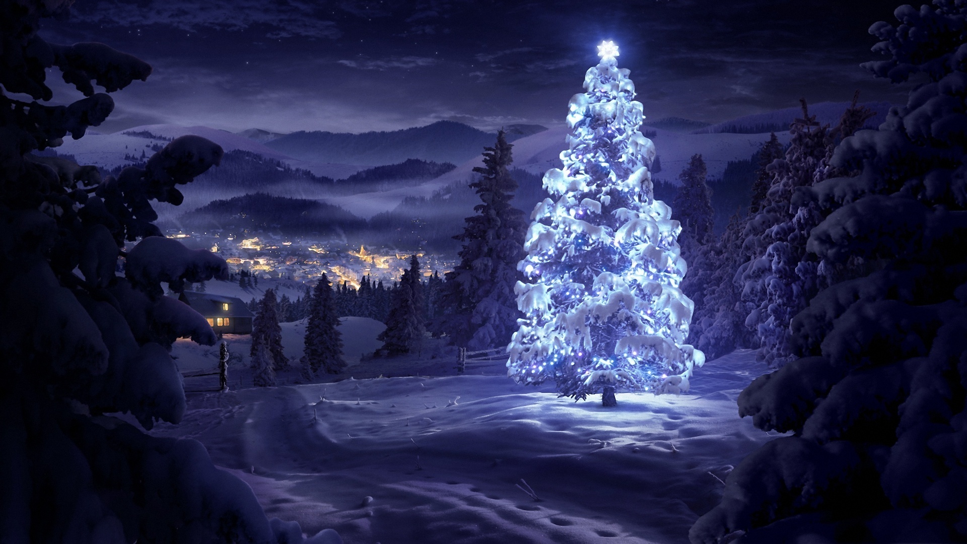 218227 Hintergrundbild herunterladen feiertage, weihnachtsbaum, weihnachten, winter, lila, landschaft, schnee - Bildschirmschoner und Bilder kostenlos