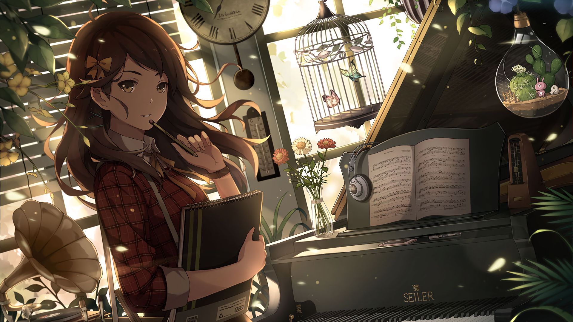piano, anime, original, brown eyes, brunette, butterfly, pencil