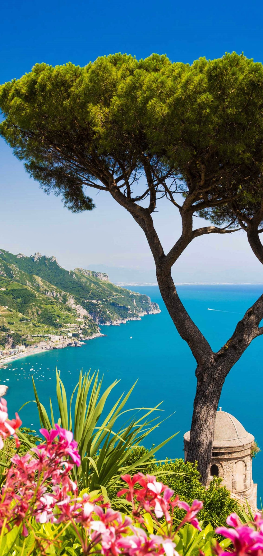 Download mobile wallpaper Italy, Flower, Tree, Coastline, Amalfi, Man Made, Pink Flower, Towns for free.