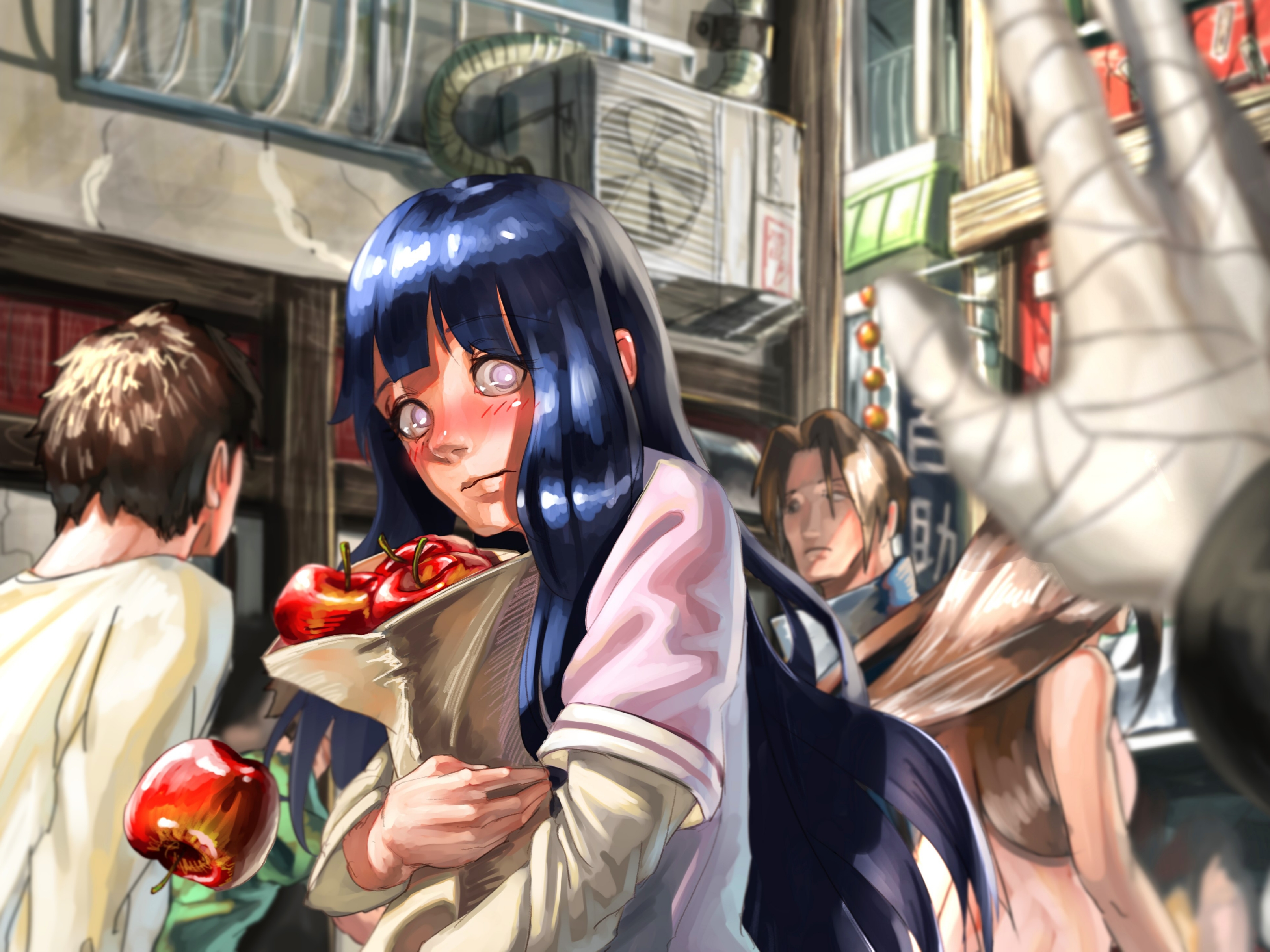 anime, naruto, apple, blue hair, byakugan (naruto), hinata hyuga, people