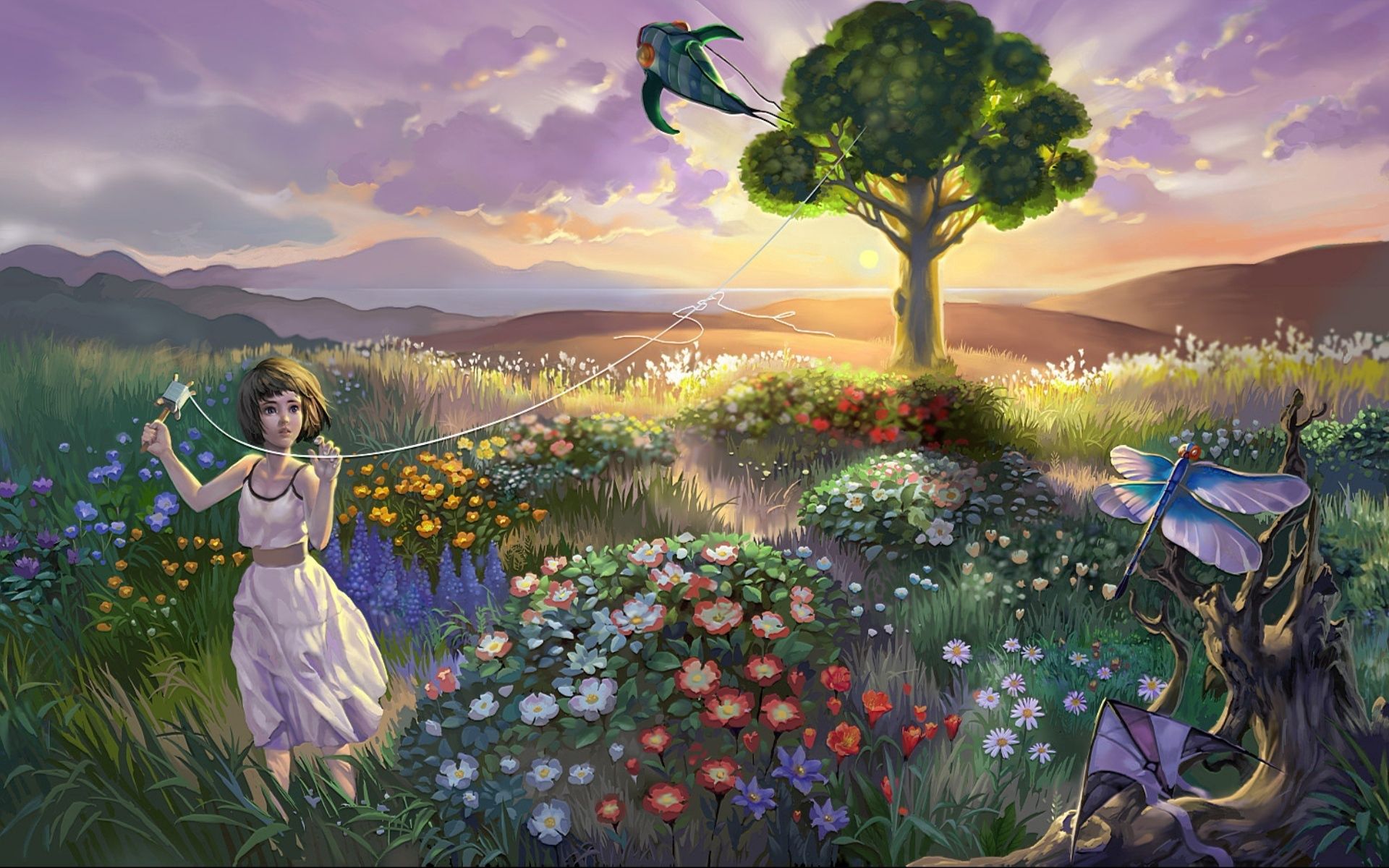 birds, landscape, flowers, grass, art, girl, child, kite Desktop Wallpaper