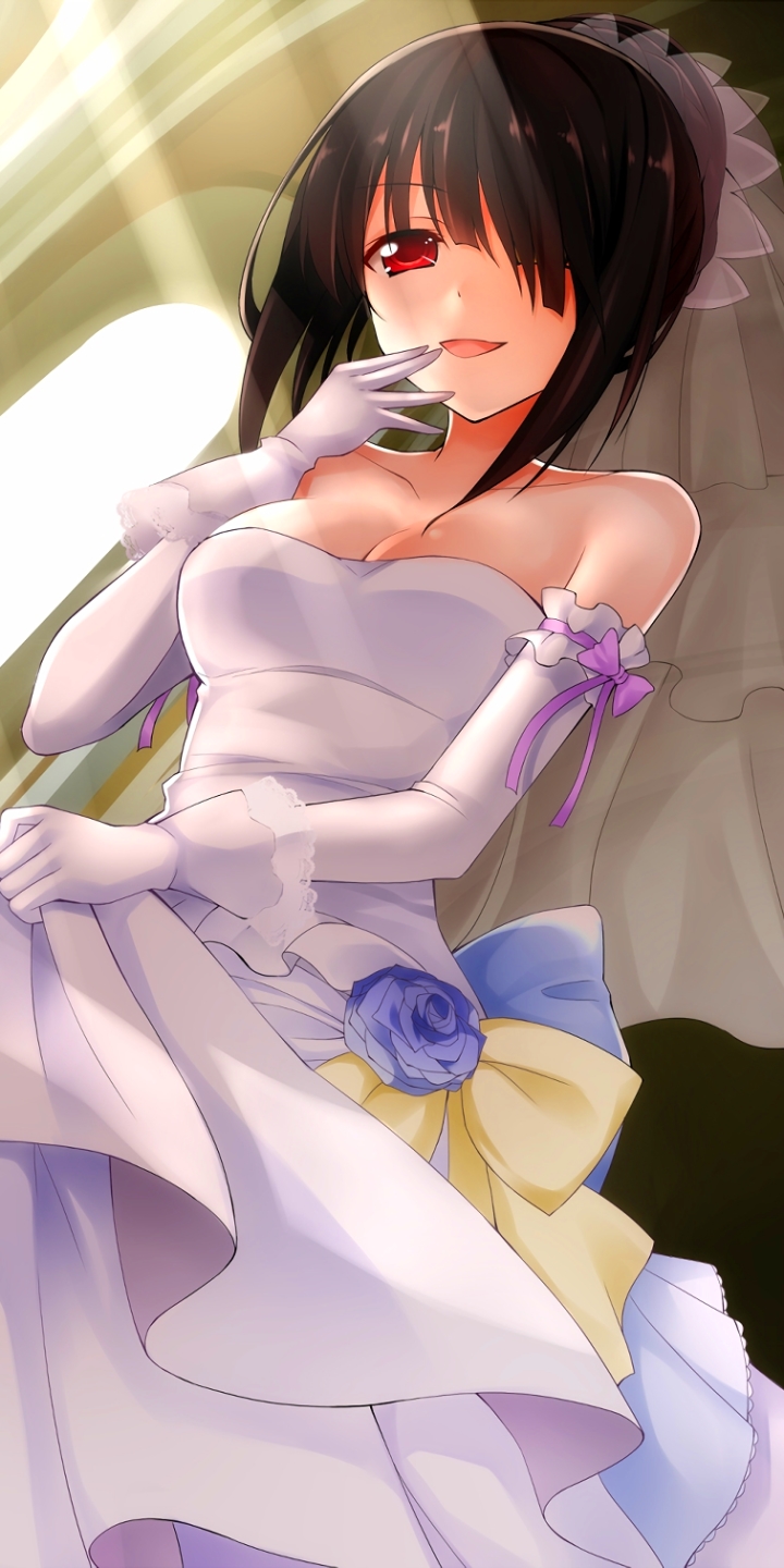 Descarga gratuita de fondo de pantalla para móvil de Sonreír, Guante, Vestir, Novia, Animado, Vestido De Novia, Pelo Negro, Vestido Blanco, Fecha Un Vivo, Kuromi Tokisaki.