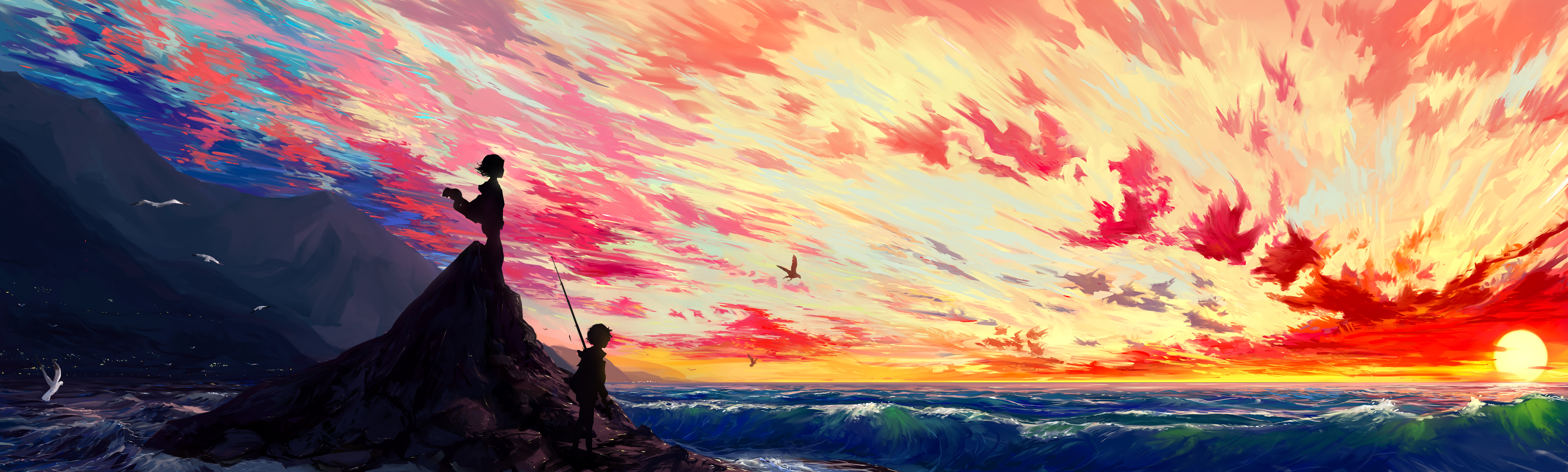 Download mobile wallpaper Fantasy, Sunset, Sea, Horizon, Bird, Cloud, Child, Wave for free.