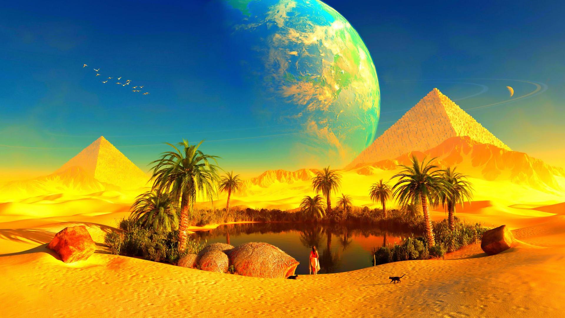 855374 завантажити картинку фантазія, пейзаж, кішка, пустеля, оазис, планета, піраміда - шпалери і заставки безкоштовно