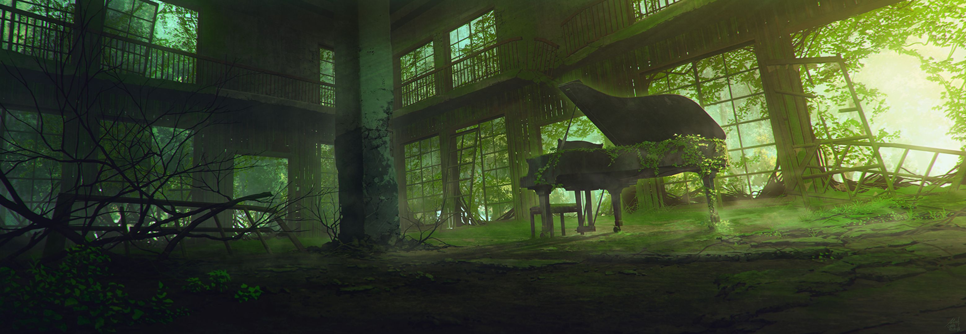 Free download wallpaper Anime, Piano, Building, Abandoned, Original, Greenery on your PC desktop