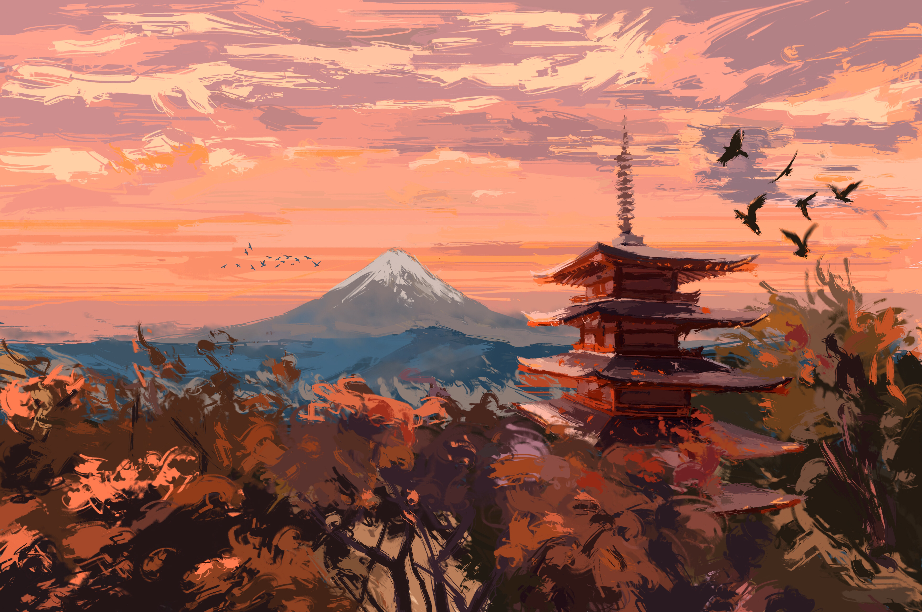 japan, mount fuji, shrine, anime, landscape