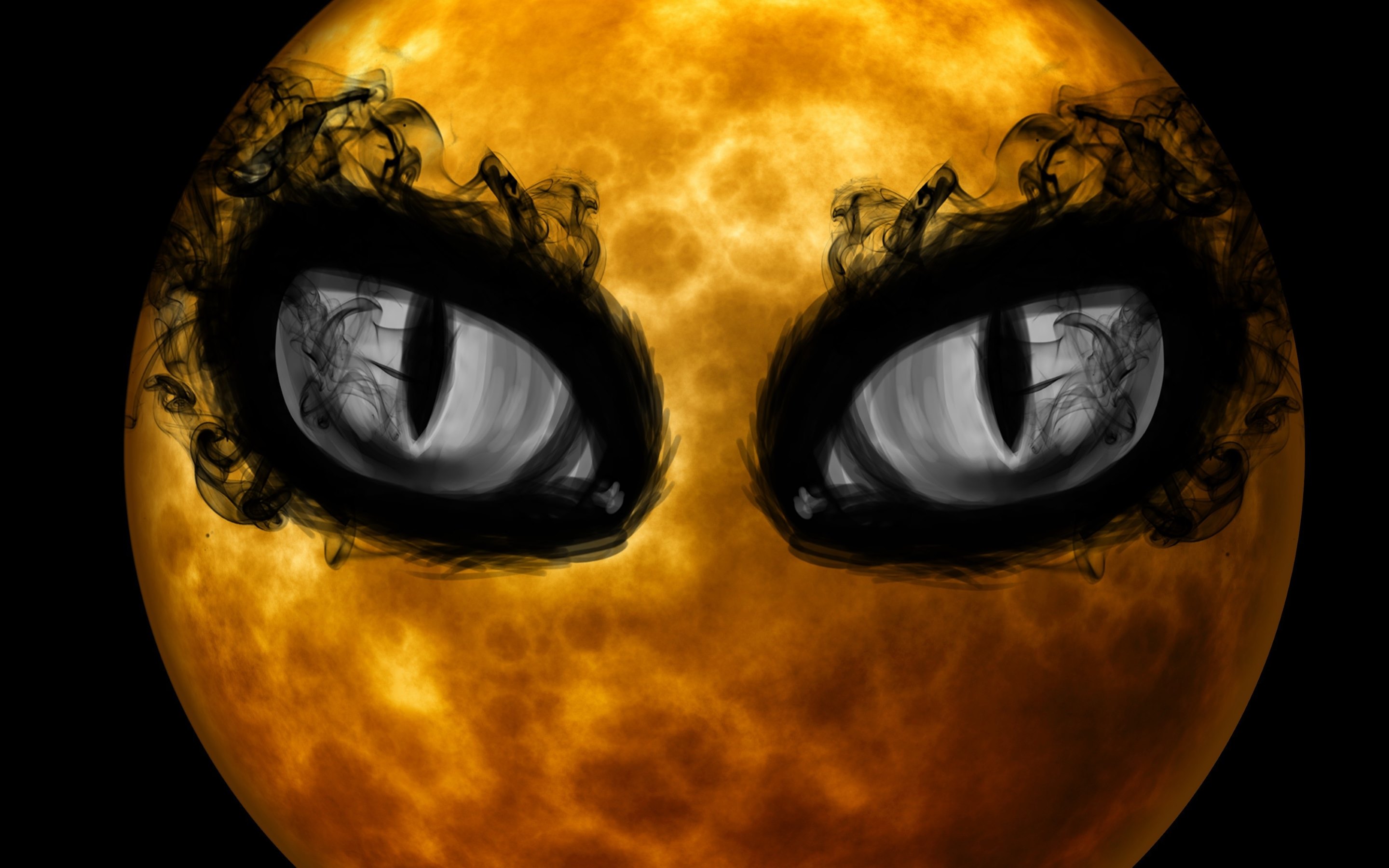 Скачать обои бесплатно Луна, Хэллоуин, Чёрный, Глаз, Тьма, Праздничные, Оранжевый Цвет) картинка на рабочий стол ПК