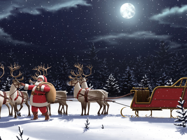Handy-Wallpaper Feiertage, Weihnachtsmann, Mond, Weihnachten, Schlitten, Schneefall, Nacht, Rentier kostenlos herunterladen.