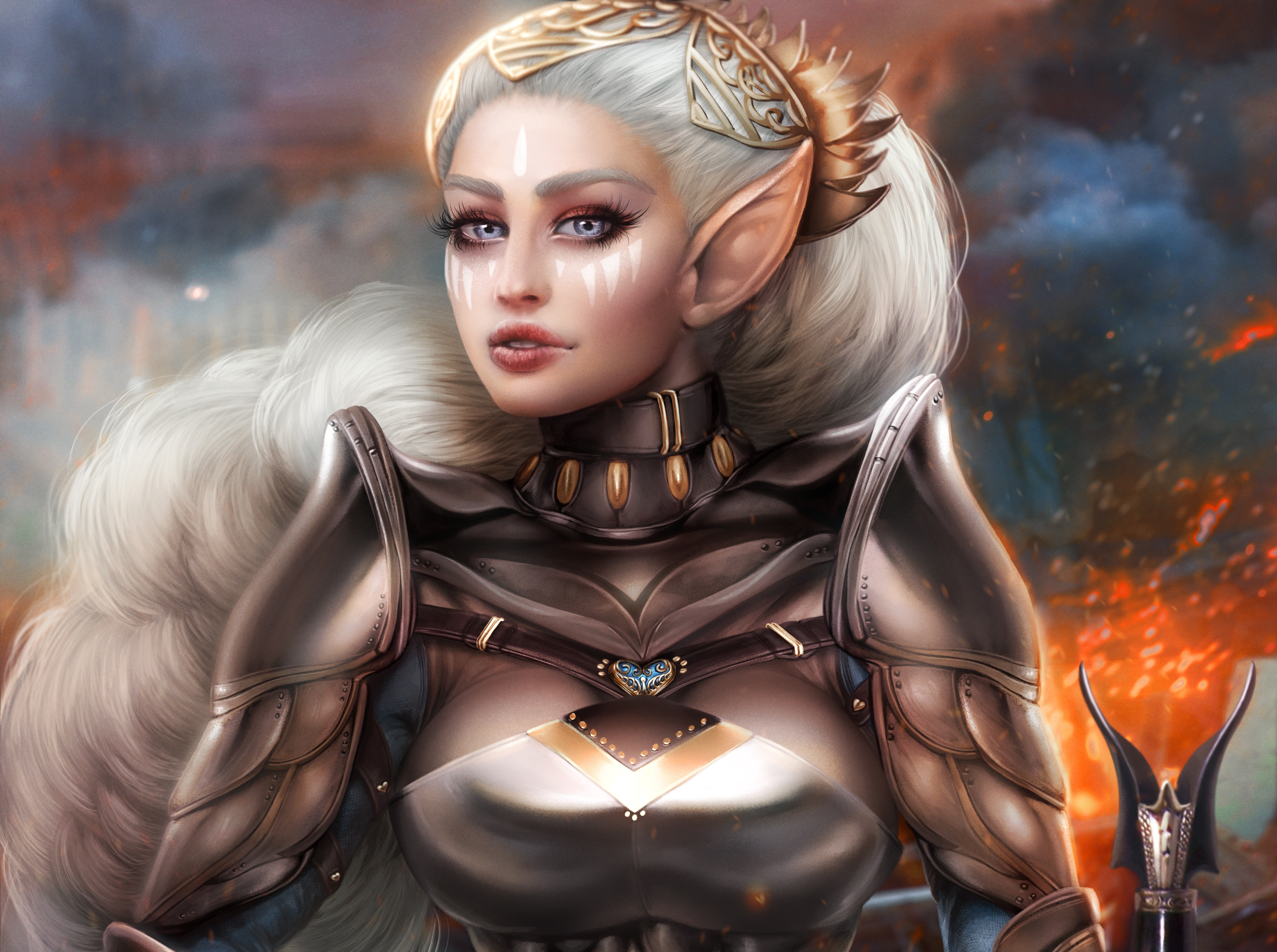 Free download wallpaper Fantasy, Elf, Armor, Blue Eyes, Long Hair, Pointed Ears, White Hair, Woman Warrior on your PC desktop