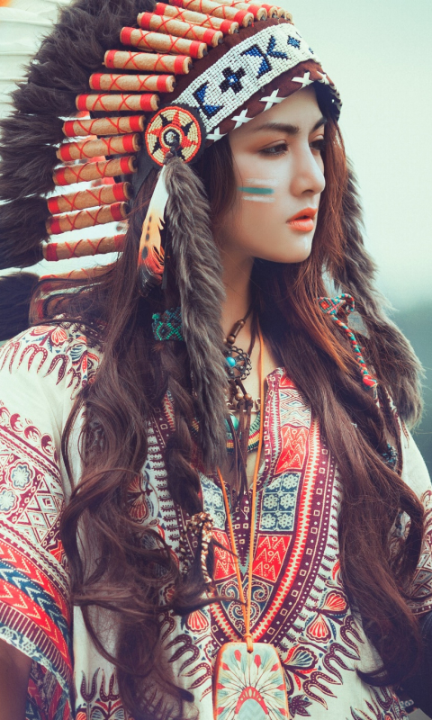 Download mobile wallpaper Feather, Eagle, Brunette, Model, Women, Bird Of Prey, Native American for free.