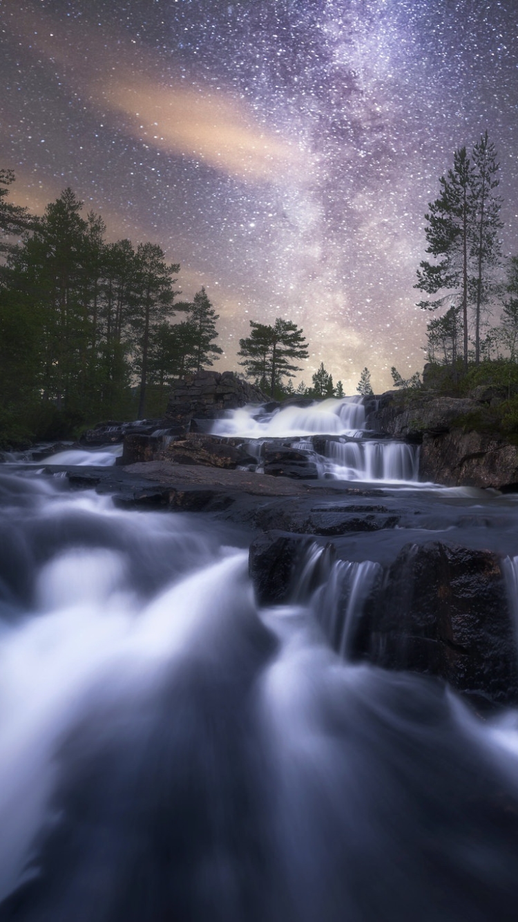 Download mobile wallpaper Nature, Night, Tree, Starry Sky, Earth, Foam, River for free.