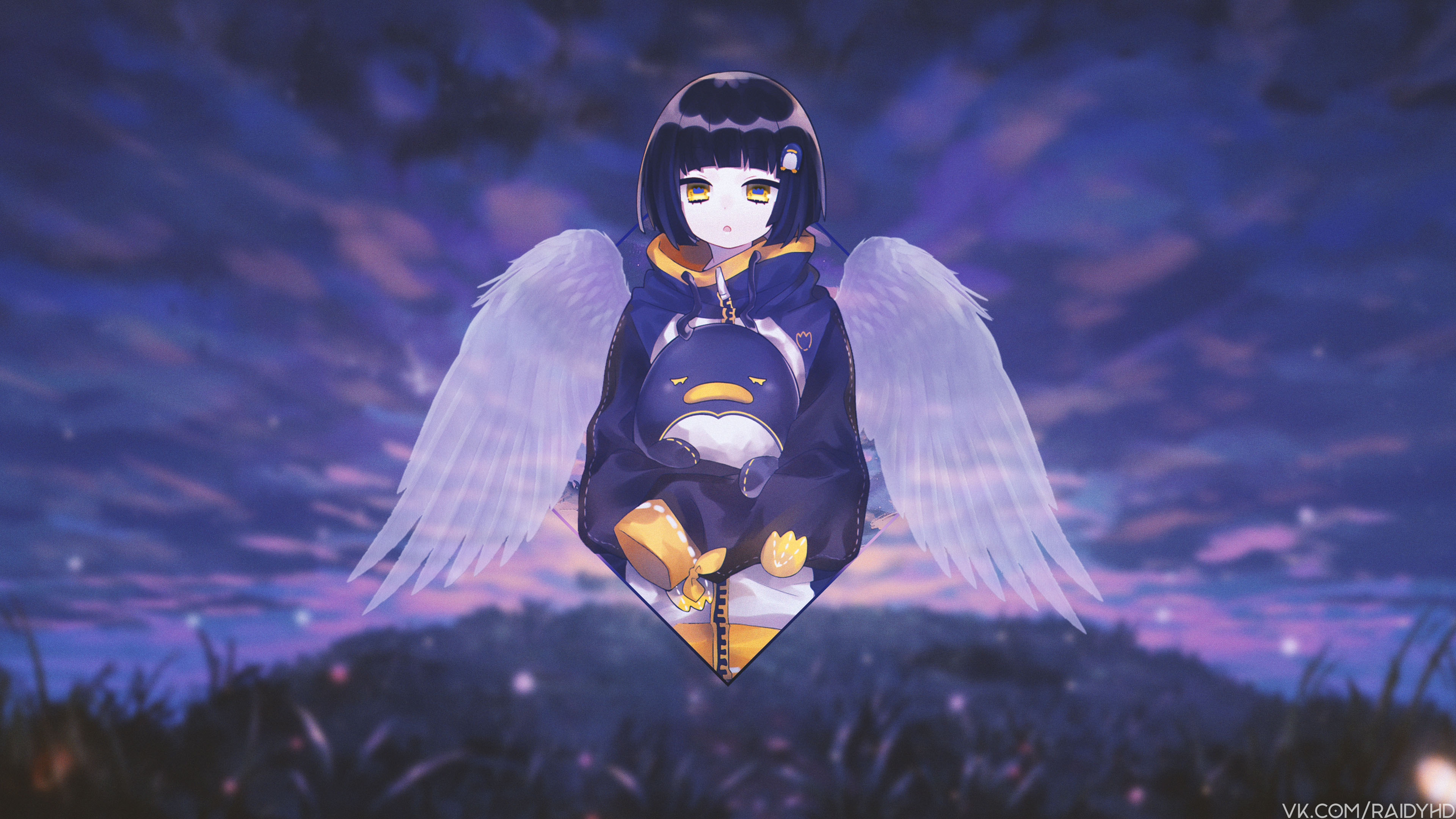 anime, girl, angel, black hair, picture in picture