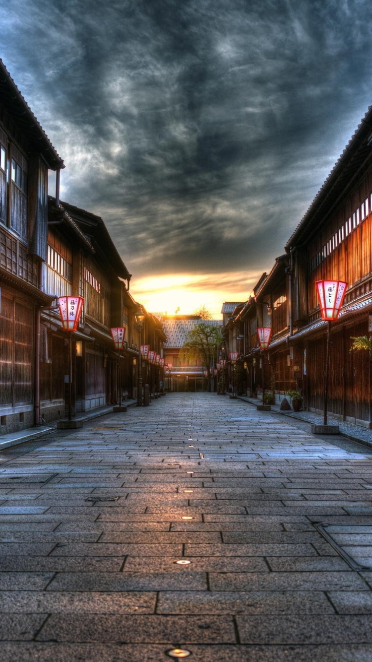 Download mobile wallpaper Cities, Sunset, Japan, Street, Cloud, Man Made, Kanazawa for free.