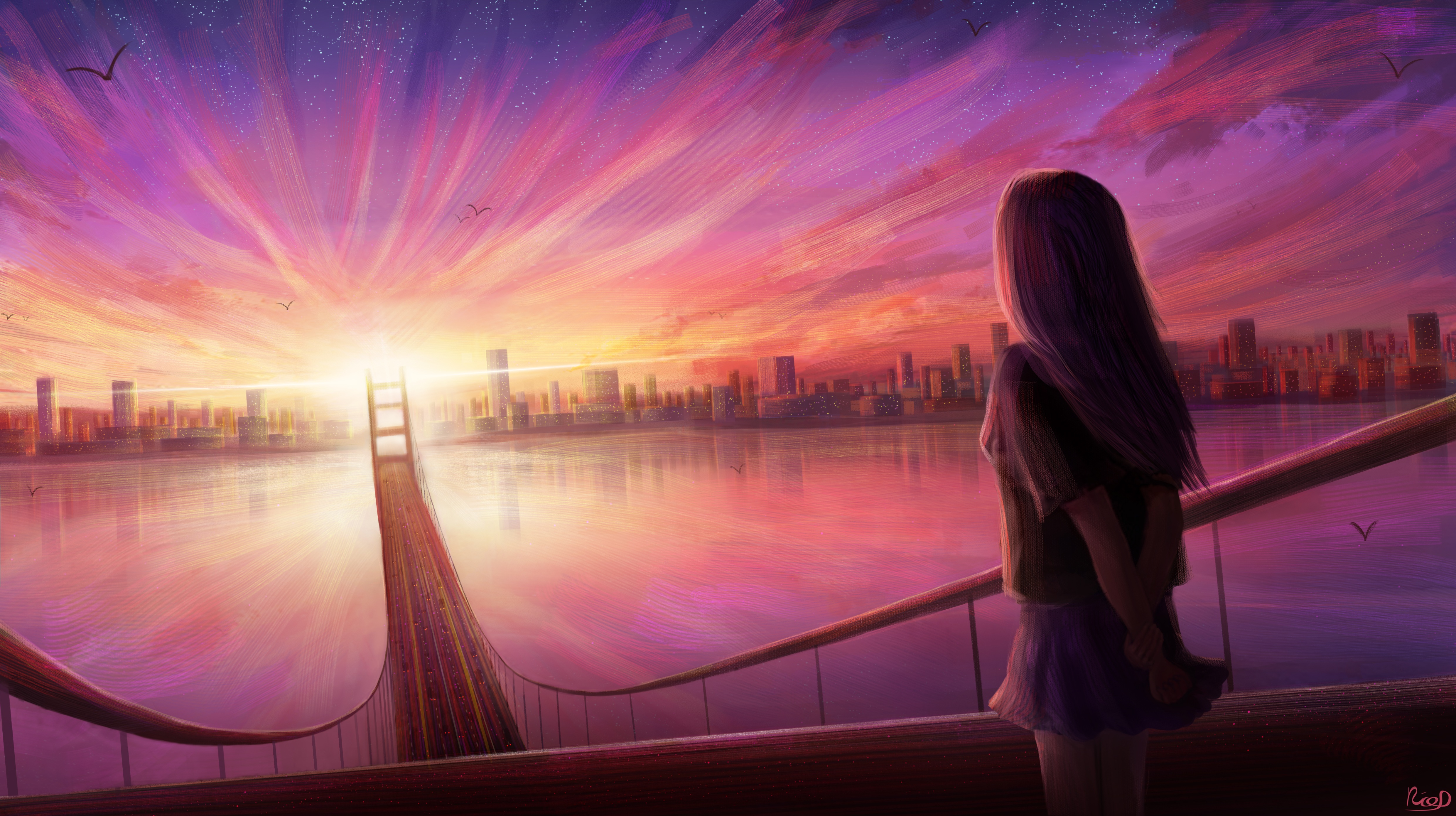 sunset, anime, bridge, evening