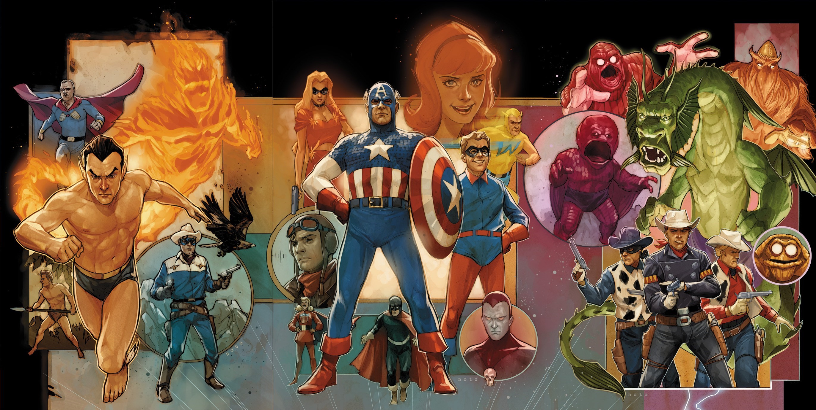 Скачать картинку Комиксы, Капитан Америка, Человек Факел (Marvel Comics), Комиксы Марвел, Нэмор Подводник, Стив Роджерс, Баки Барнс в телефон бесплатно.