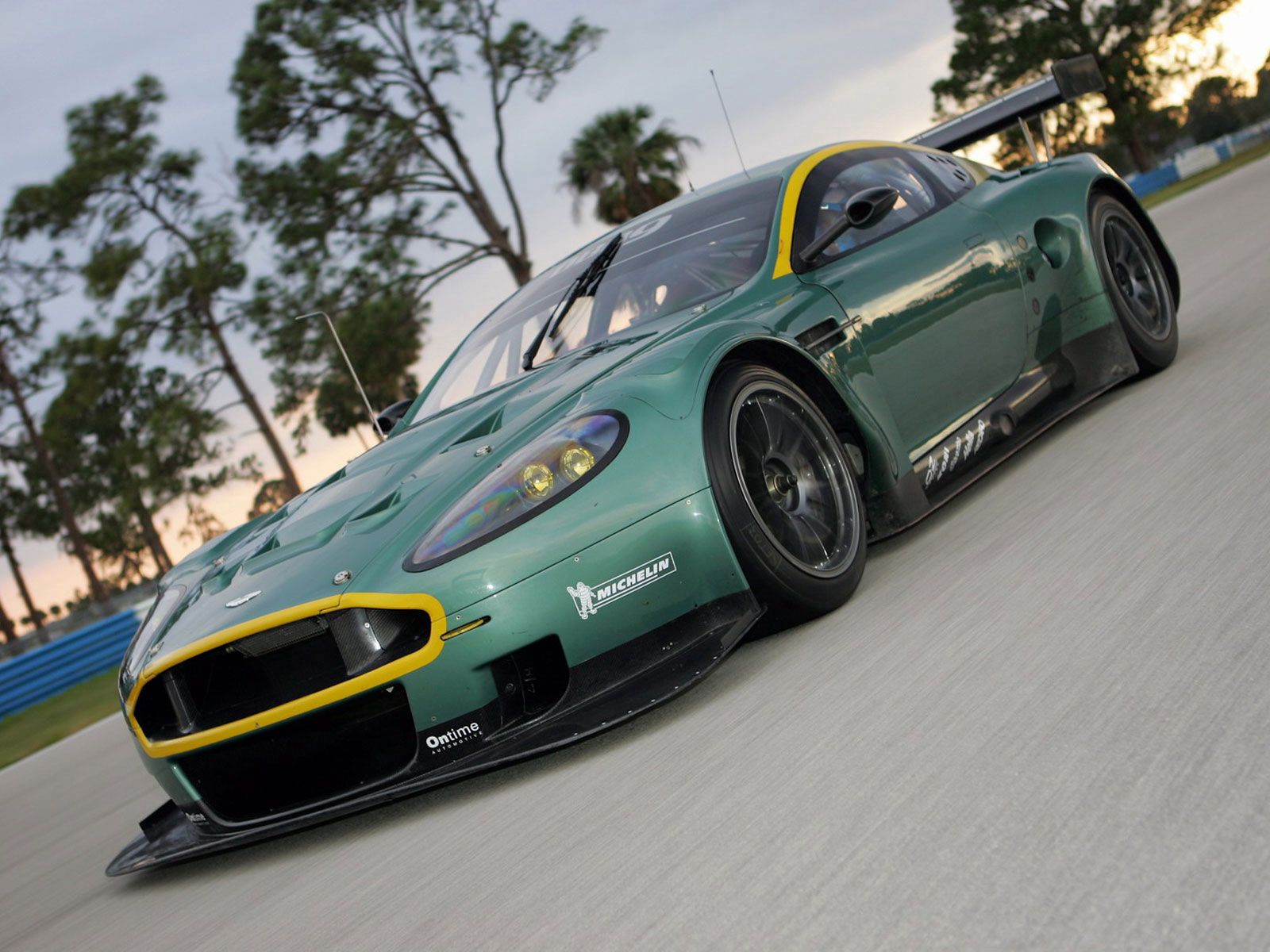 asphalt, cars, sports, auto, nature, trees, aston martin, green, front view, style, 2005, dbr9