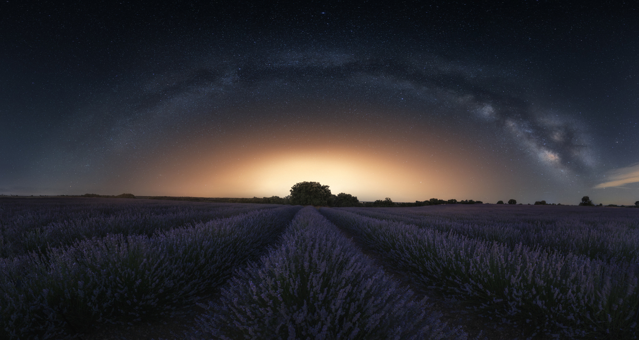 Download mobile wallpaper Sunset, Stars, Night, Earth, Field, Milky Way, Lavender for free.