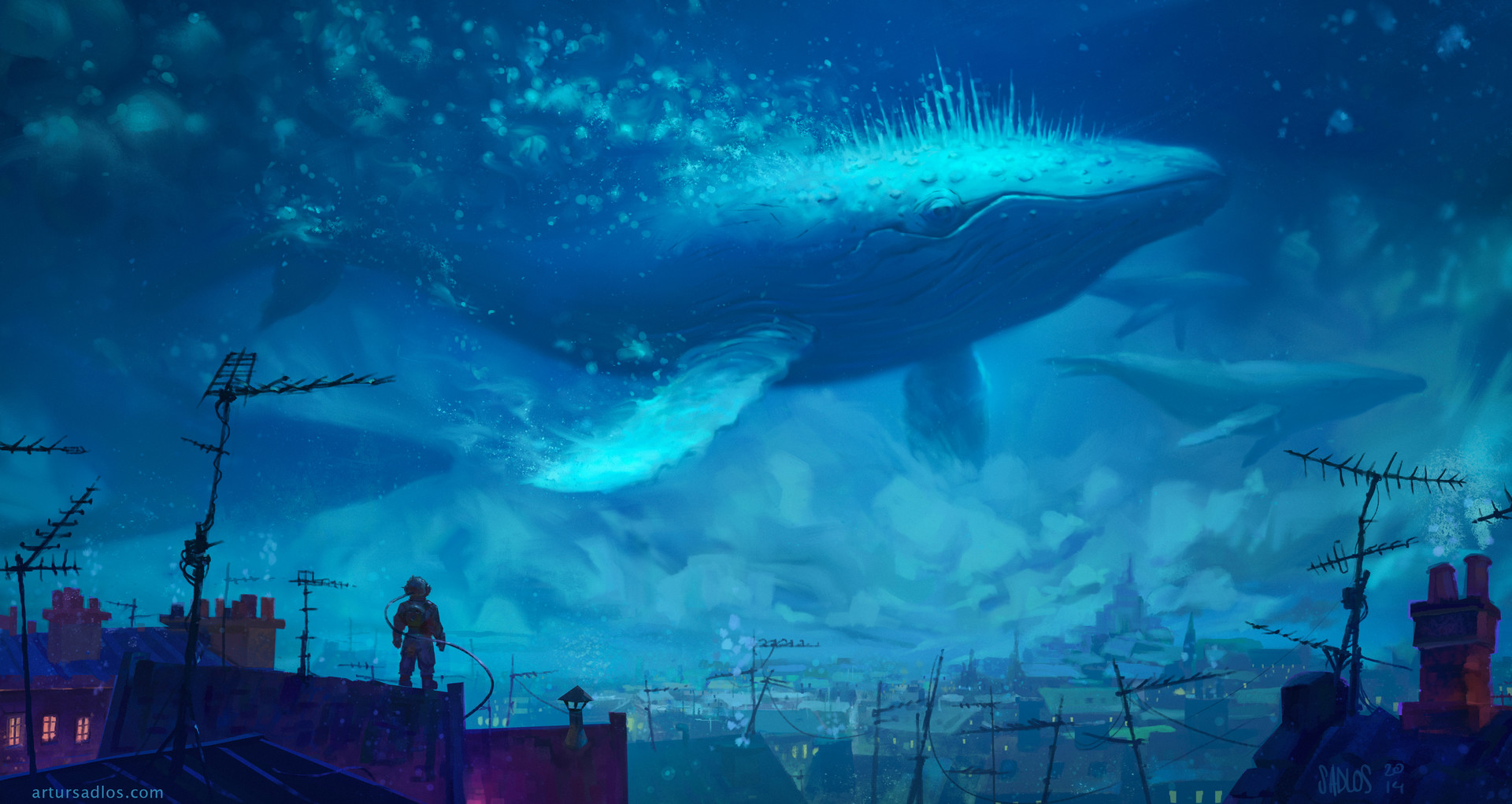 Free download wallpaper Fantasy, City, Whale, Underwater, Fantasy Animals on your PC desktop