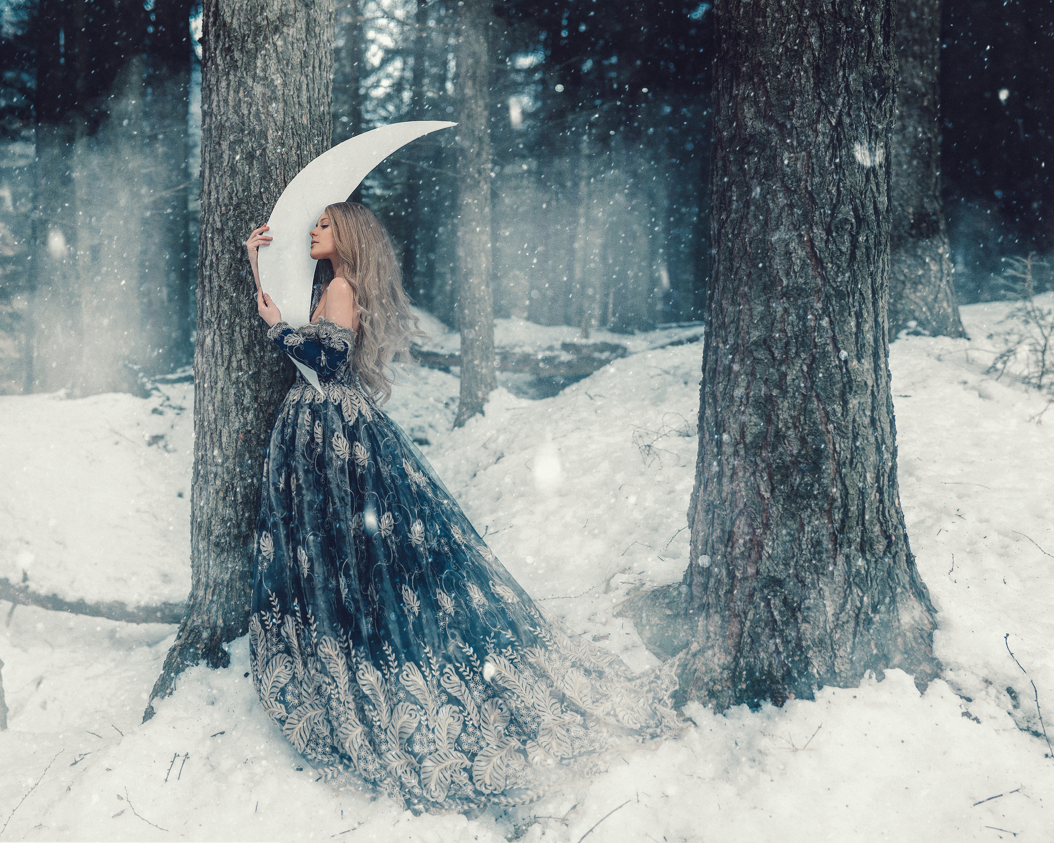 Download mobile wallpaper Winter, Fantasy, Moon, Snow, Dress, Women for free.