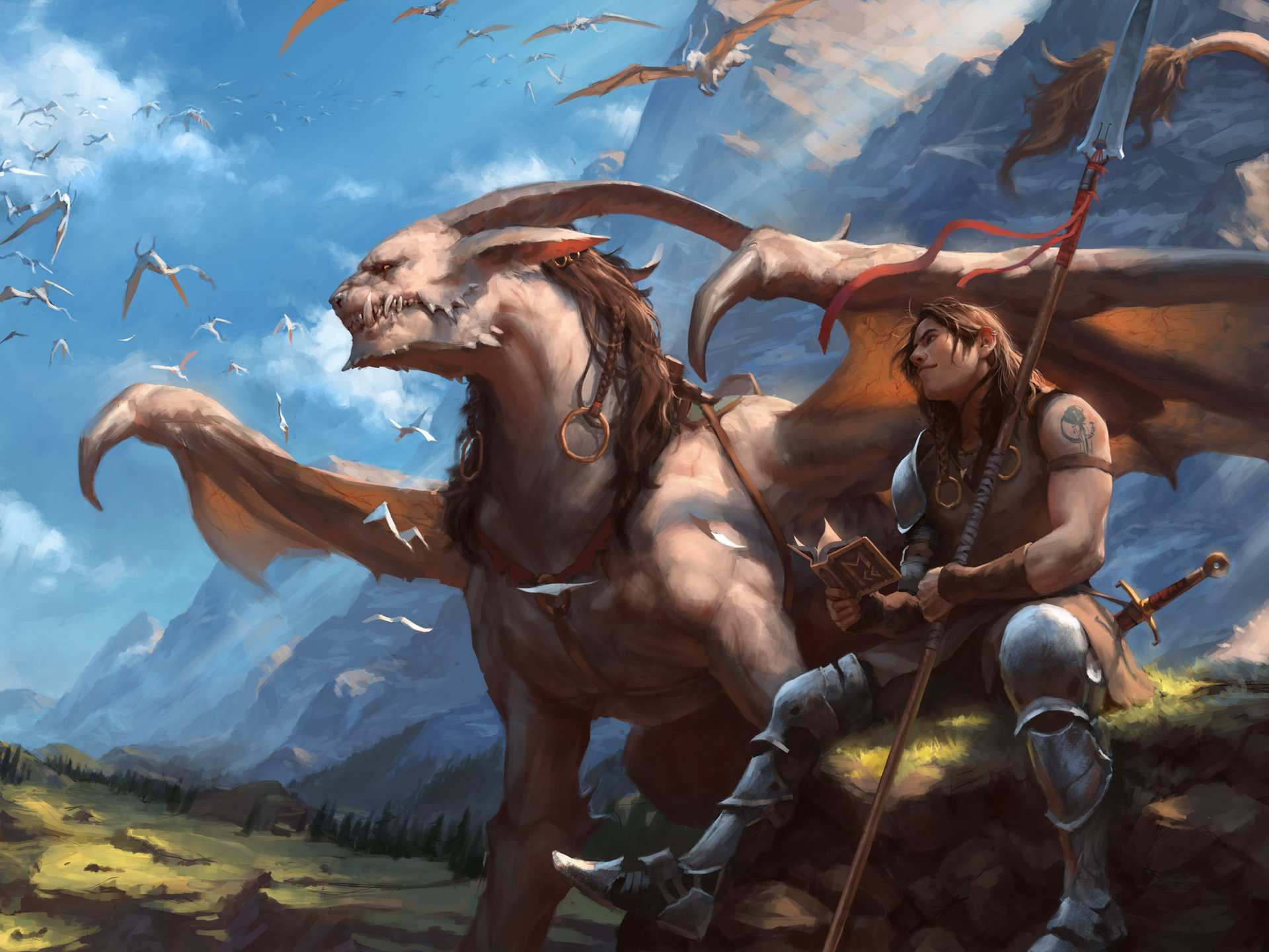 Free download wallpaper Fantasy, Mountain, Wings, Warrior, Creature, Horns, Spear on your PC desktop
