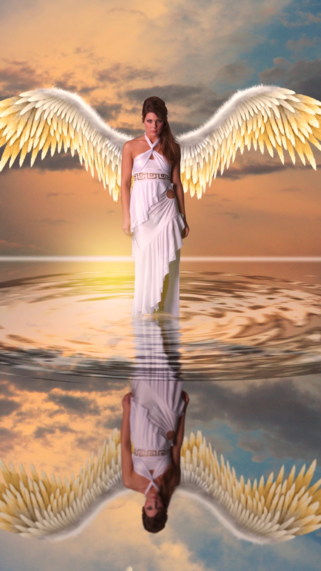 Download mobile wallpaper Water, Fantasy, Reflection, Wings, Angel, Manipulation for free.