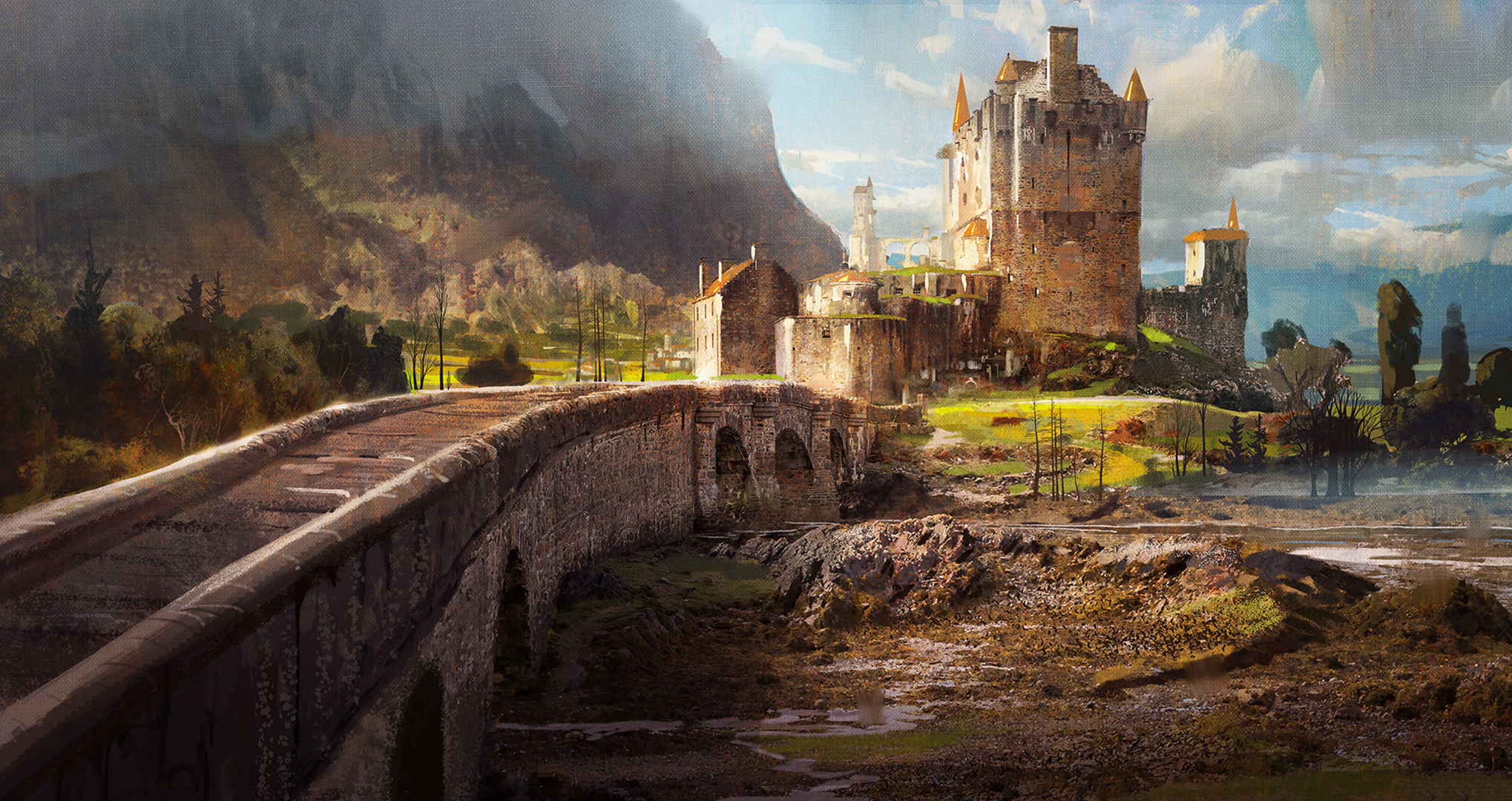 Download mobile wallpaper Landscape, Fantasy, Castles, Bridge, Castle for free.