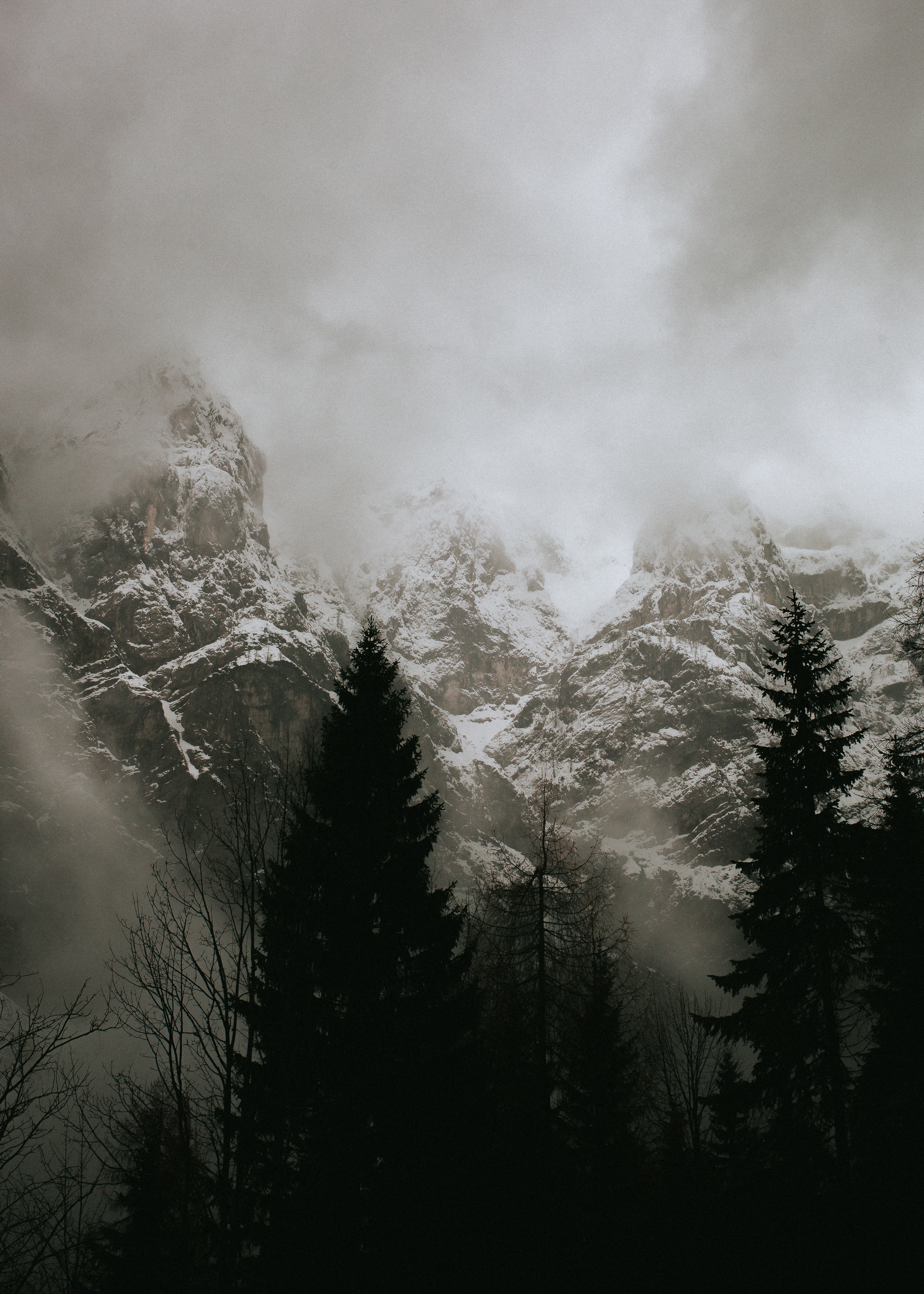 無料モバイル壁紙自然, 木, 山脈, 雲, 雪, 風景をダウンロードします。