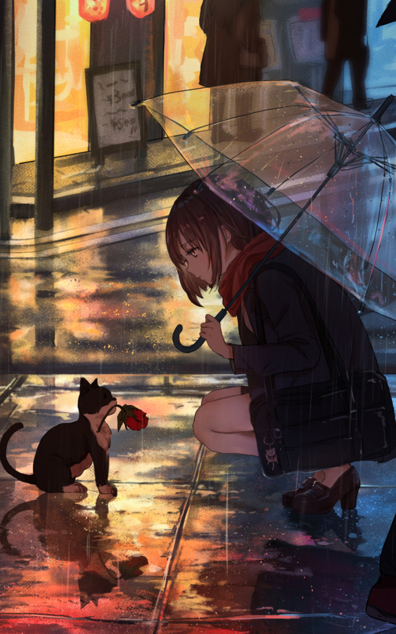 Download mobile wallpaper Anime, Rain, Cat, Original for free.