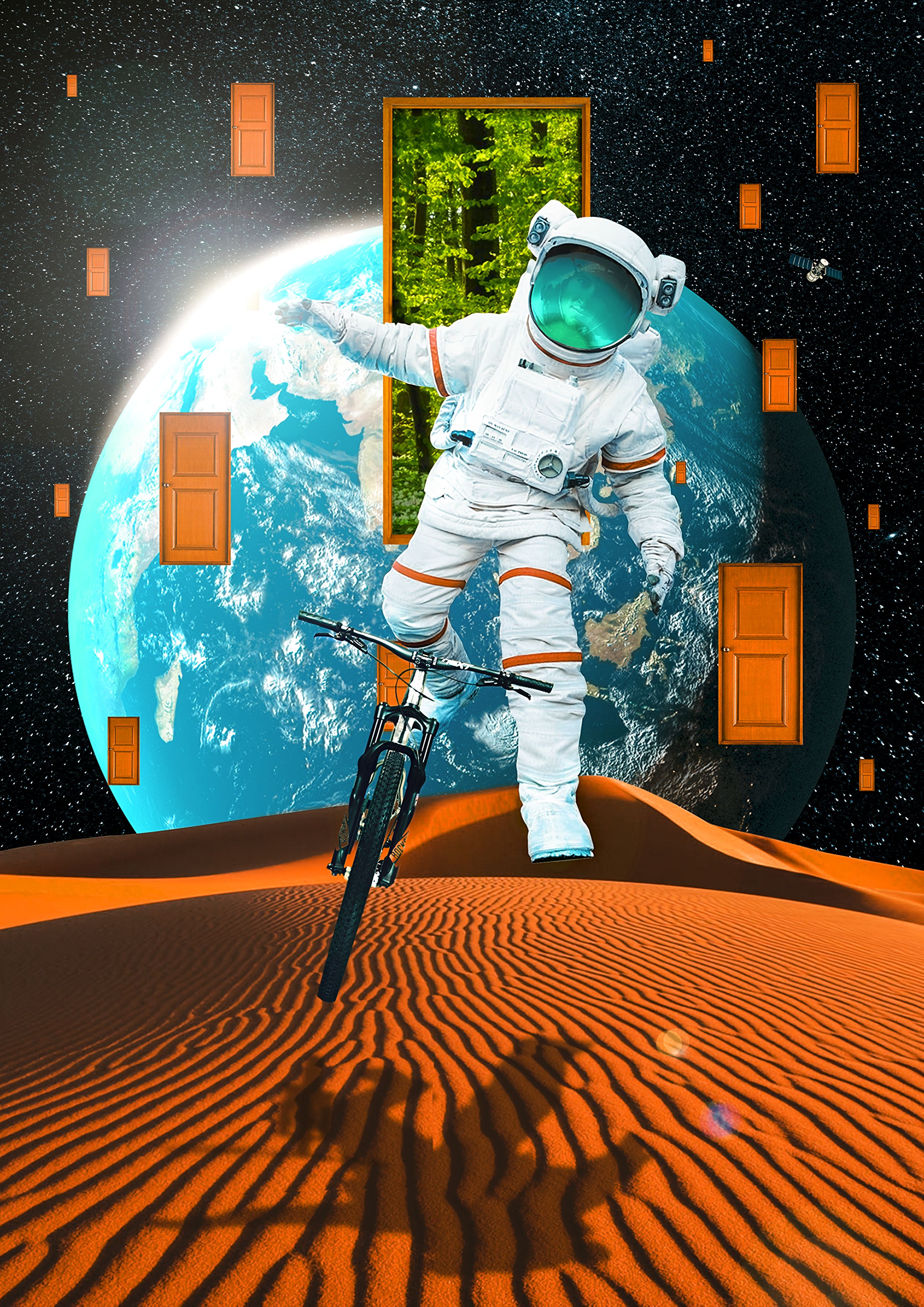 80009 descargar fondo de pantalla desierto, miscelánea, misceláneo, planeta, bicicleta, puertas, puerta, cosmonauta, traje espacial: protectores de pantalla e imágenes gratis