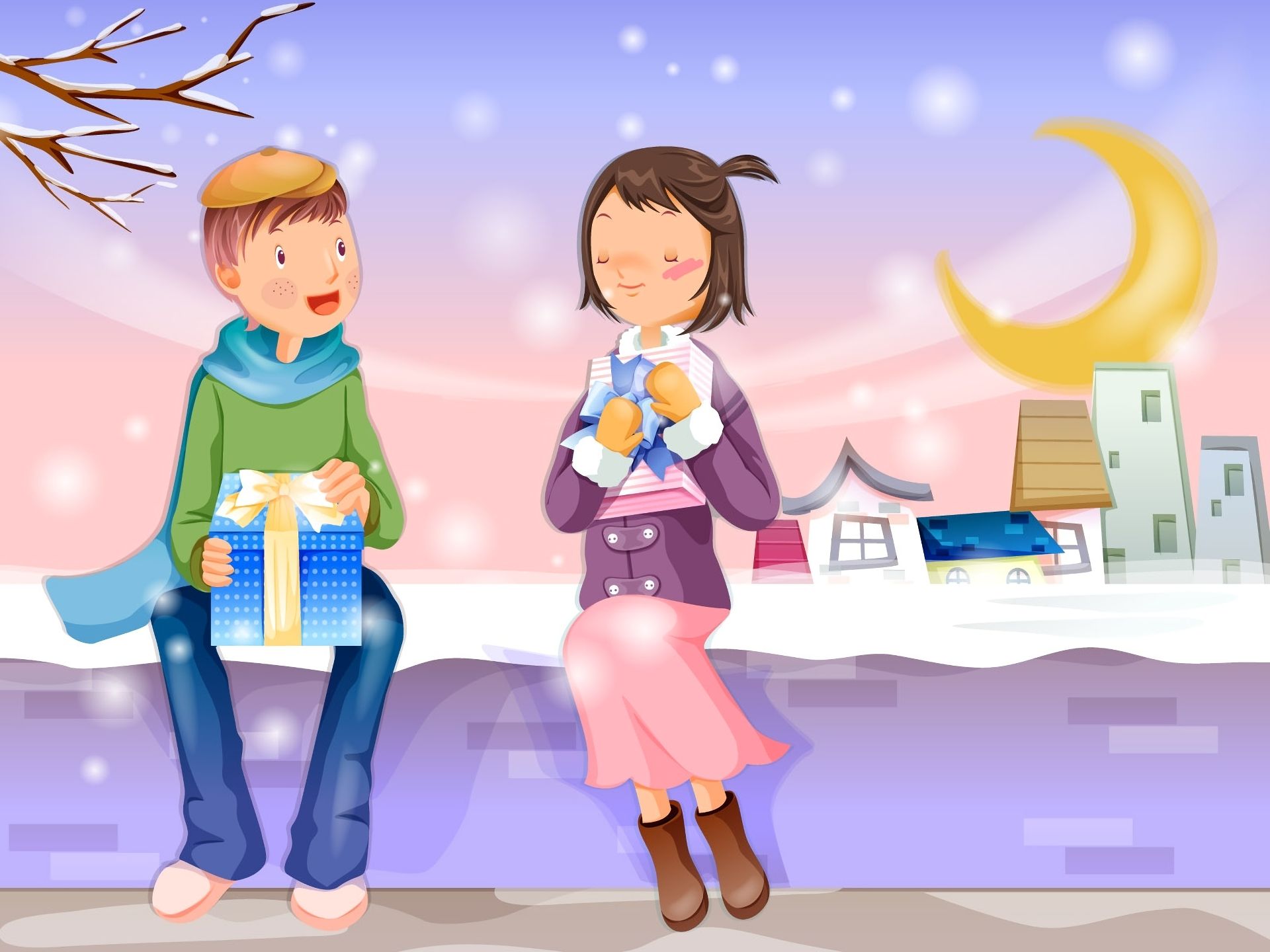 Handy-Wallpaper Menschen, Mond, Schnee, Paar, Haus, Geschenk, Künstlerisch kostenlos herunterladen.