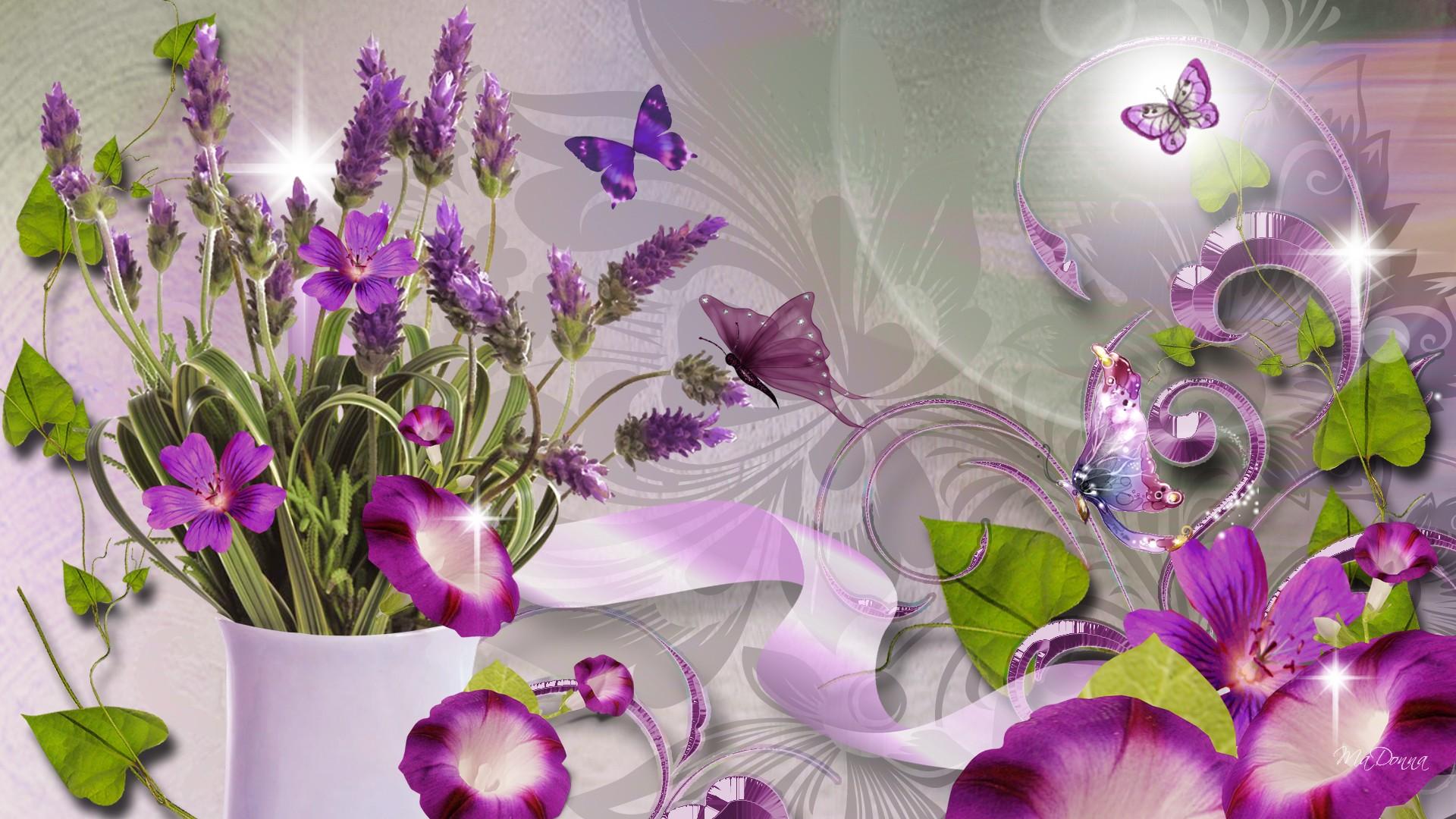 spring, artistic, butterfly, fantasy, flower, purple flower, sparkles