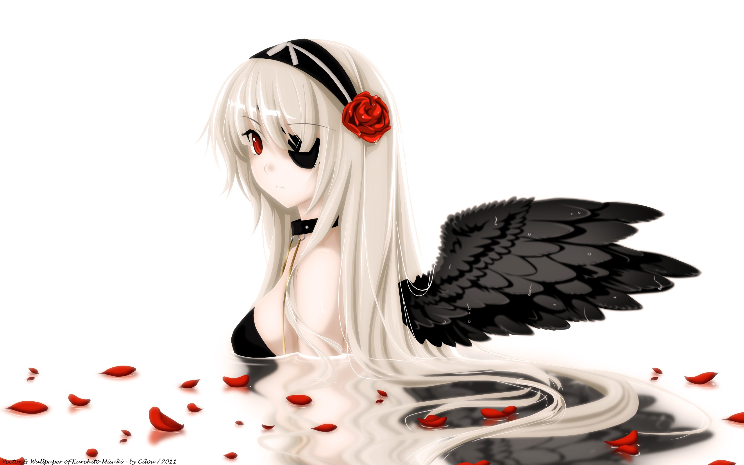 anime, angel, eye patch, petal, rose, wings