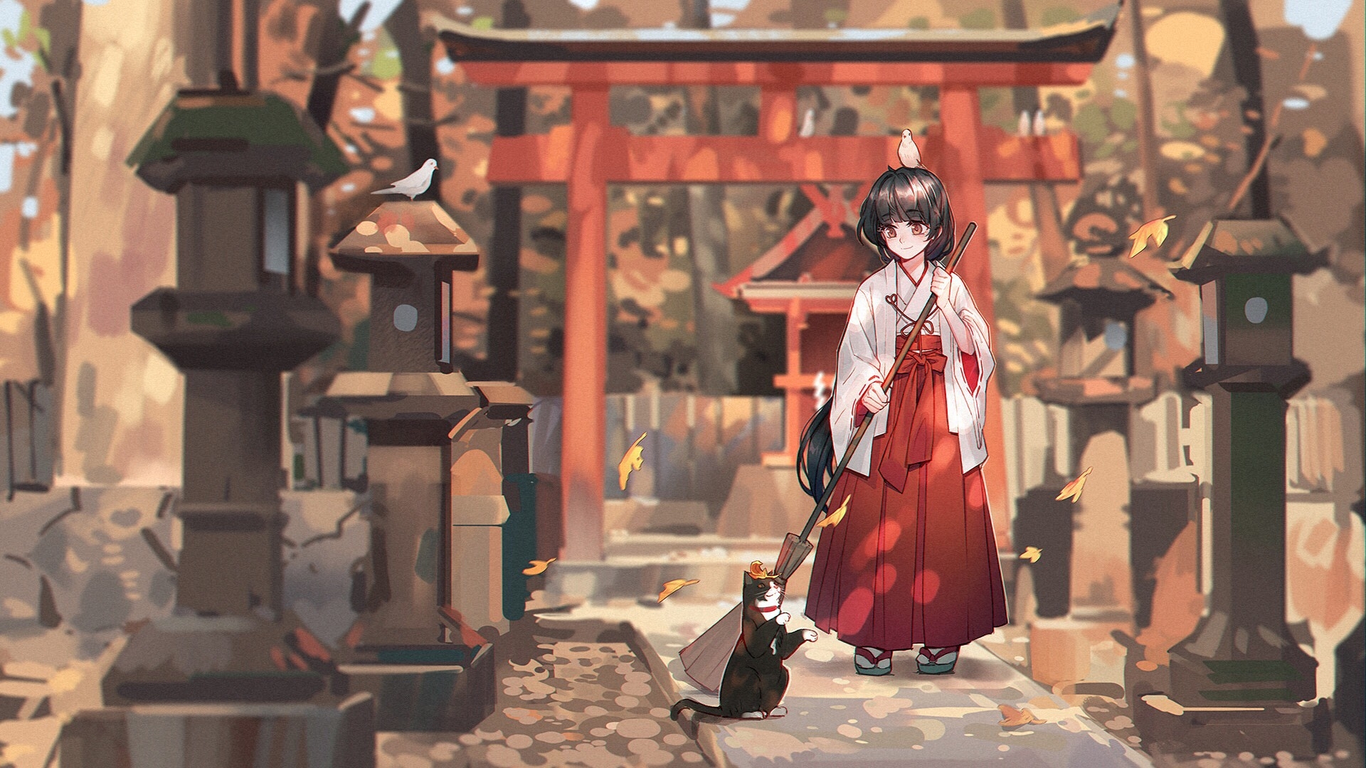 anime, original, cat, kimono, shrine maiden, shrine