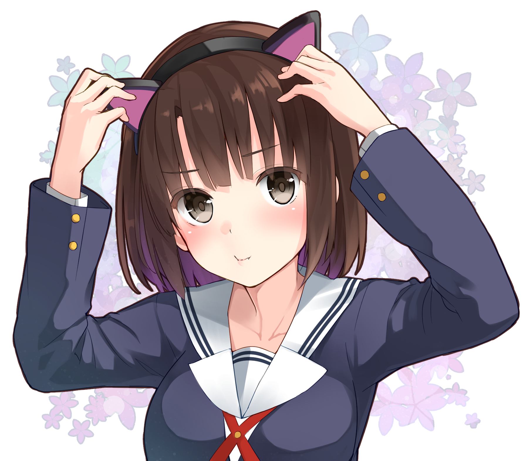 megumi katō, animal ears, anime, saekano: how to raise a boring girlfriend, blush, brown eyes, brown hair, headband, school uniform, short hair
