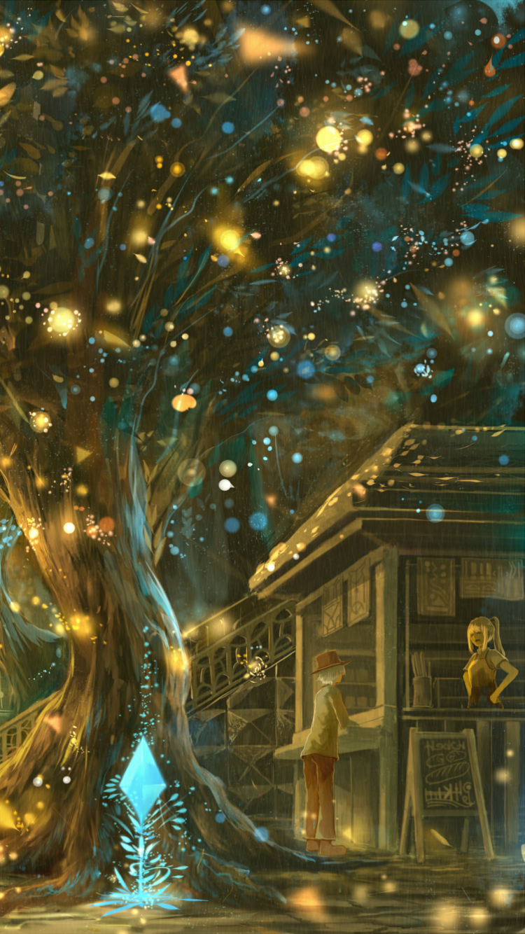 Download mobile wallpaper Anime, Landscape, People, Magic, Night, City, Light, Tree for free.