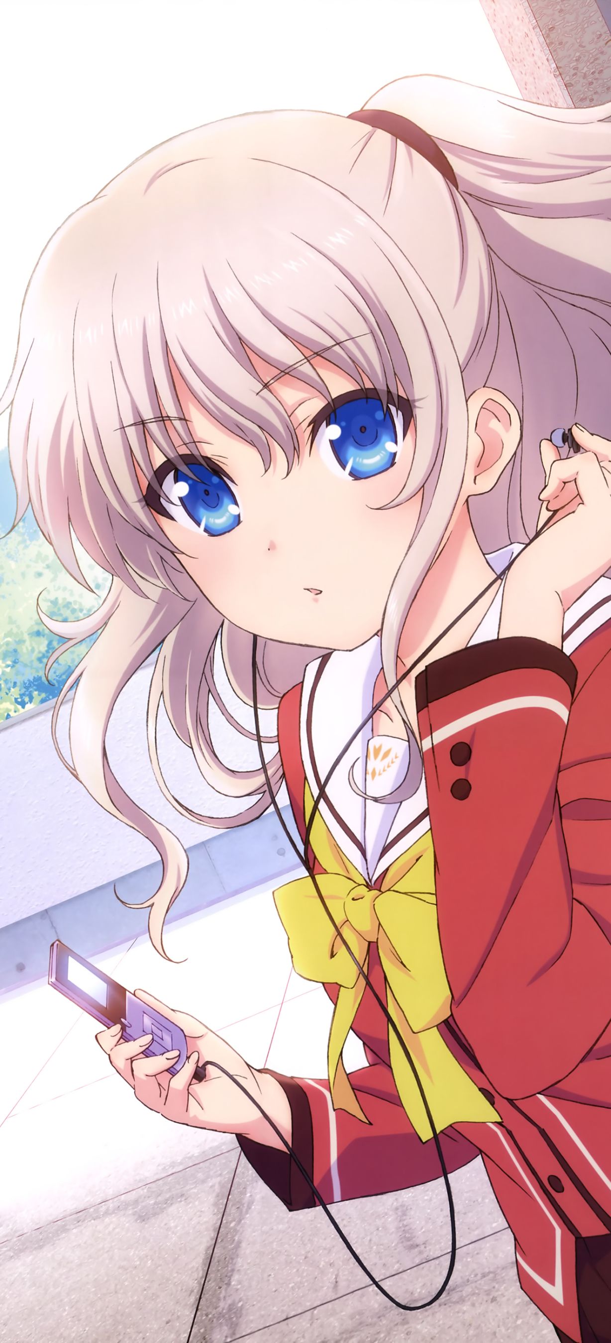 Handy-Wallpaper Blaue Augen, Charlotte, Schuluniform, Animes, Lange Haare, Weißes Haar, Nao Tomori kostenlos herunterladen.