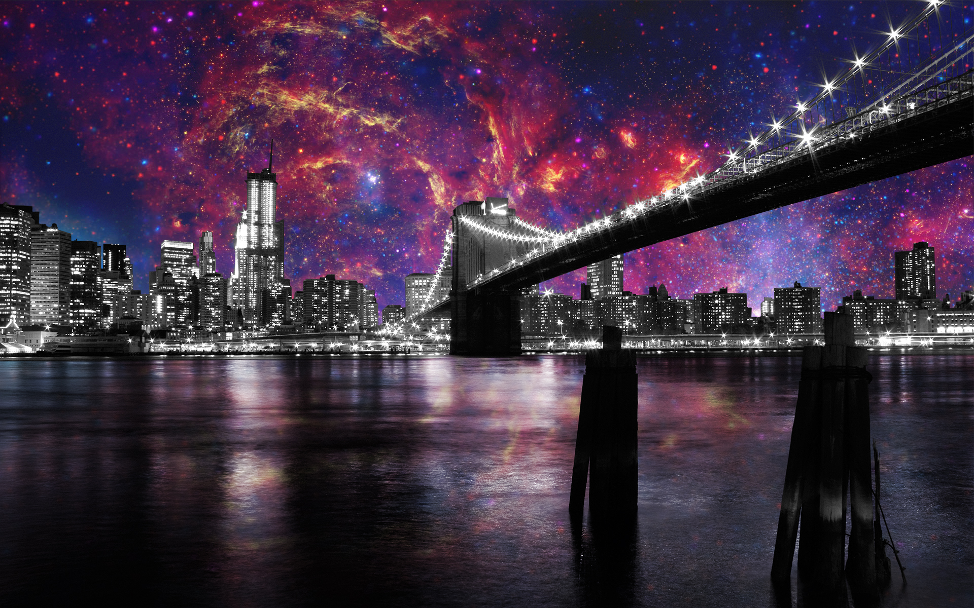 Скачать картинку Небо, Ночь, Город, Свет, Туманность, Мост, Цвета, Красочный, Нью Йорк, Бруклинский Мост, Художественные, Манхэттен в телефон бесплатно.