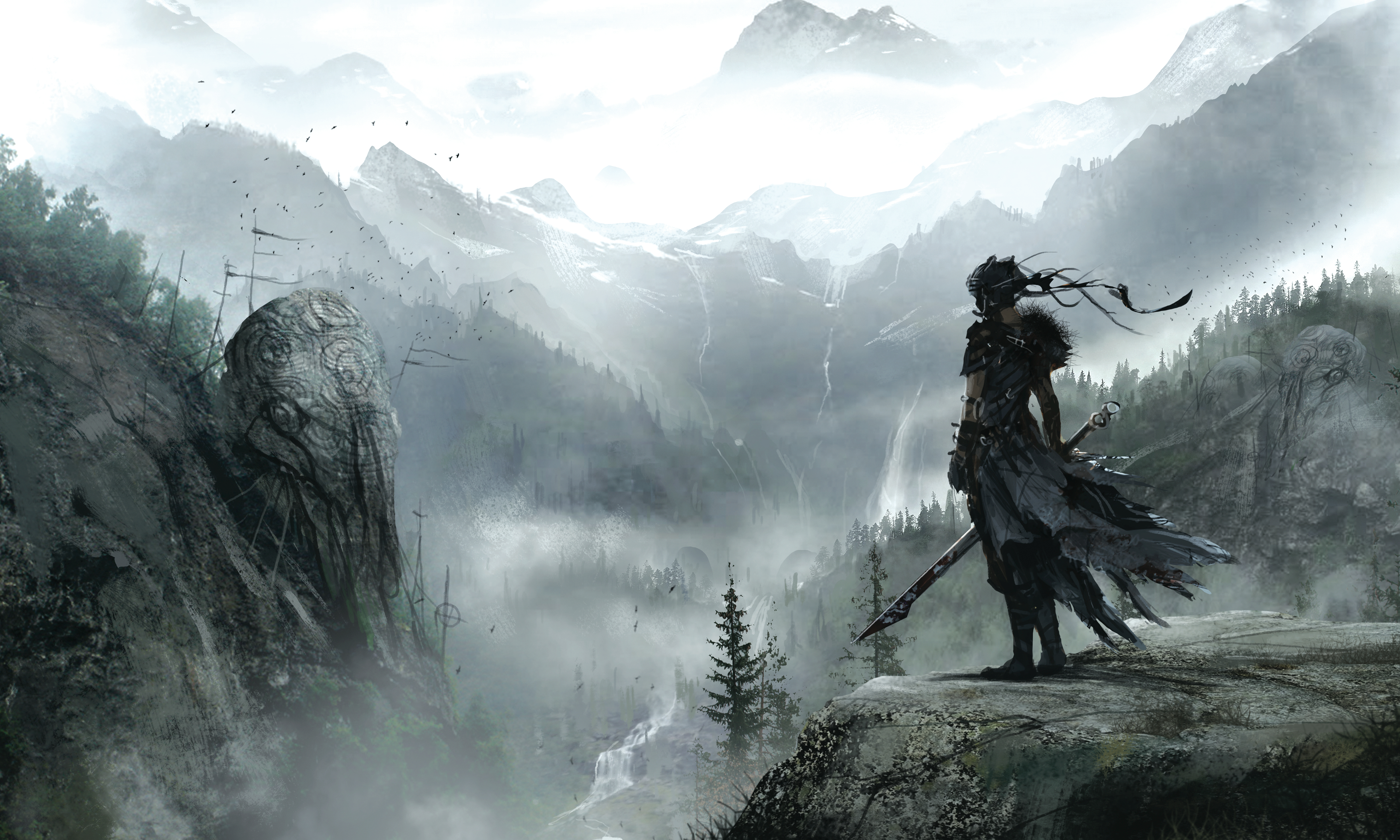 senua (hellblade), woman warrior, video game, hellblade: senua's sacrifice, landscape, mountain, sword