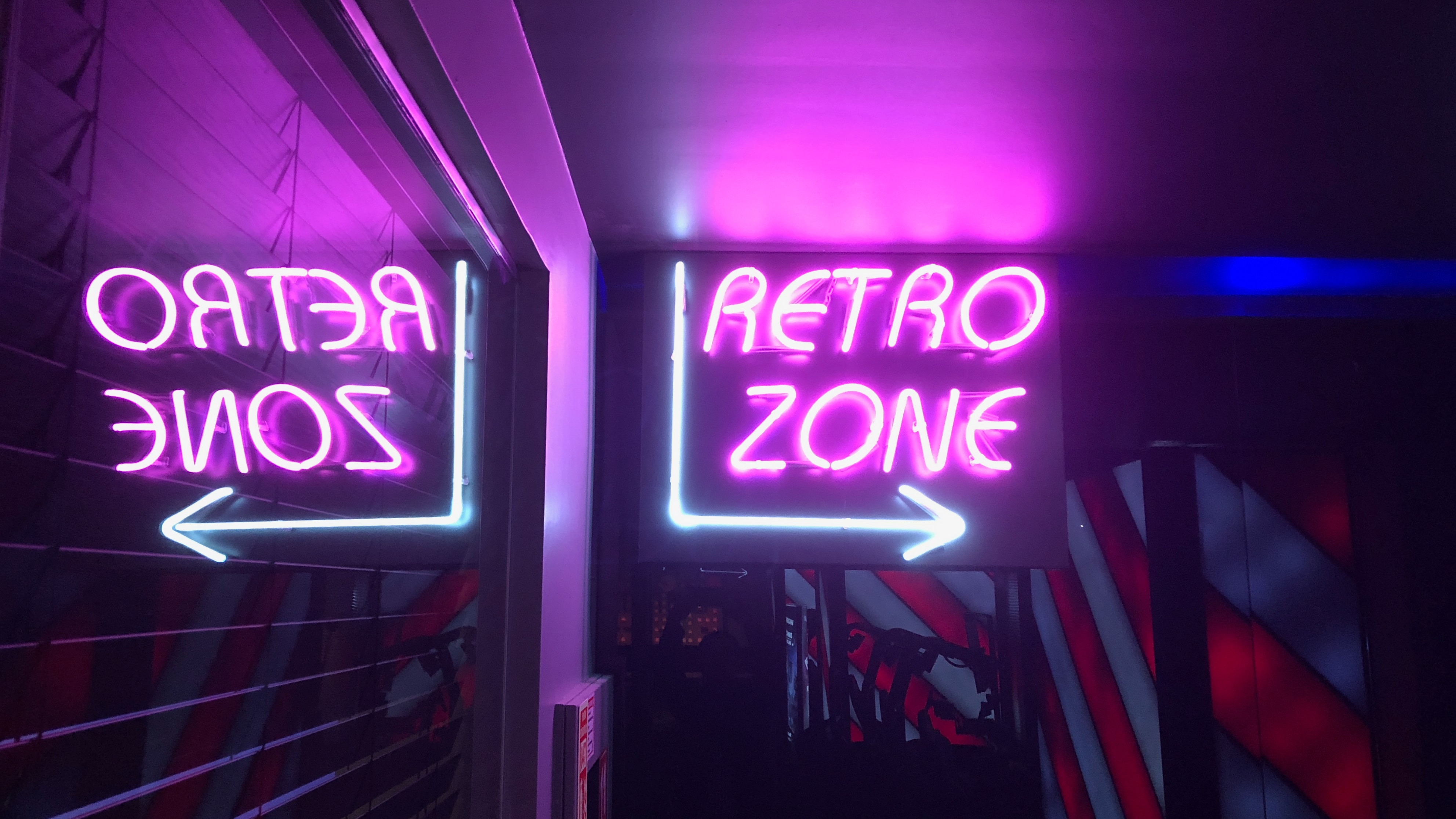 words, retro, arrow, neon, sign, signboard, zone HD wallpaper