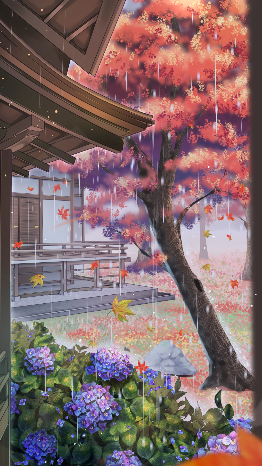 Download mobile wallpaper Anime, Rain, Flower, Tree, Hydrangea, Original for free.