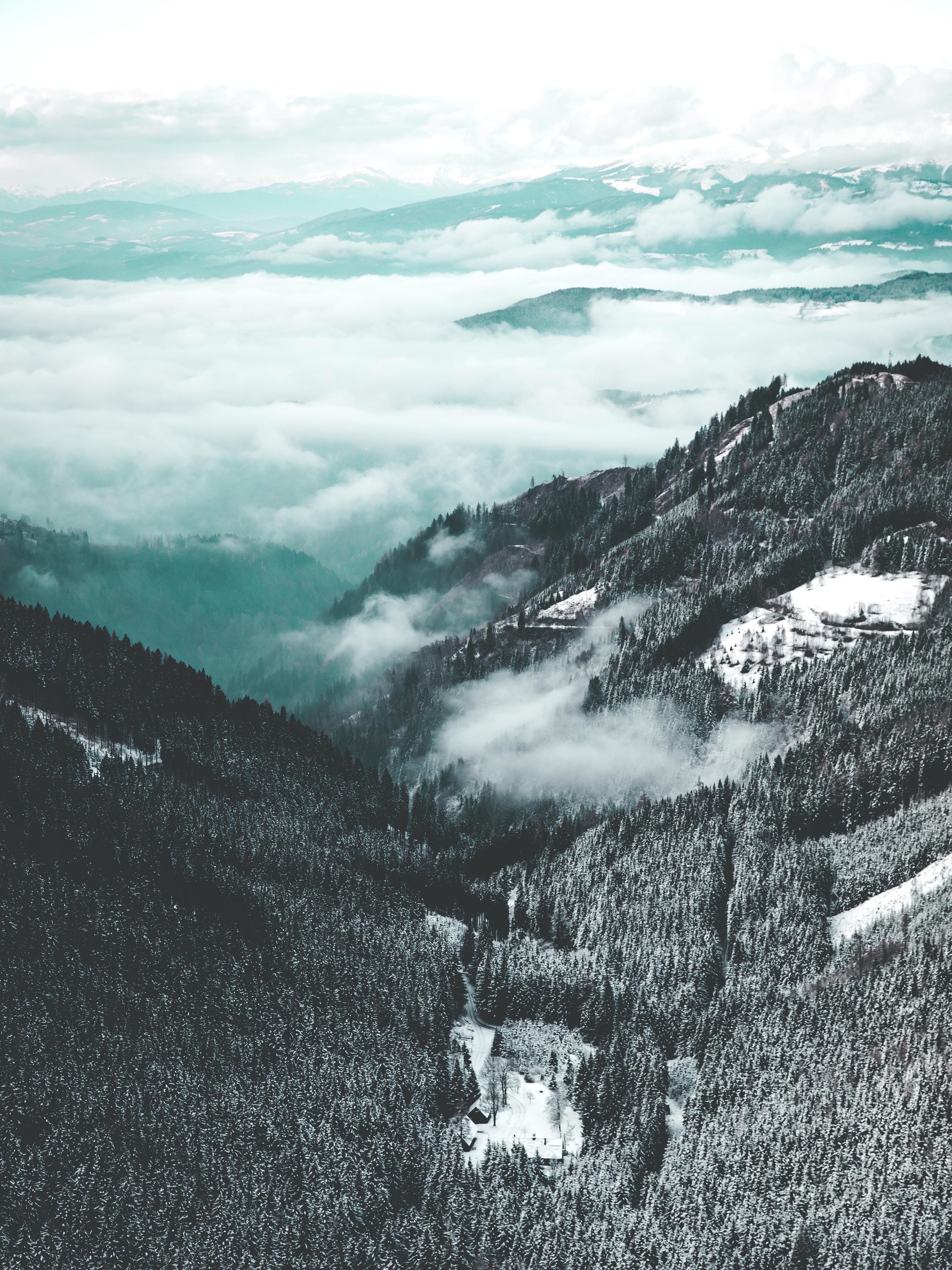 Free download wallpaper Nature, Trees, Mountains, View From Above, Snow Covered, Snowbound, Fog on your PC desktop